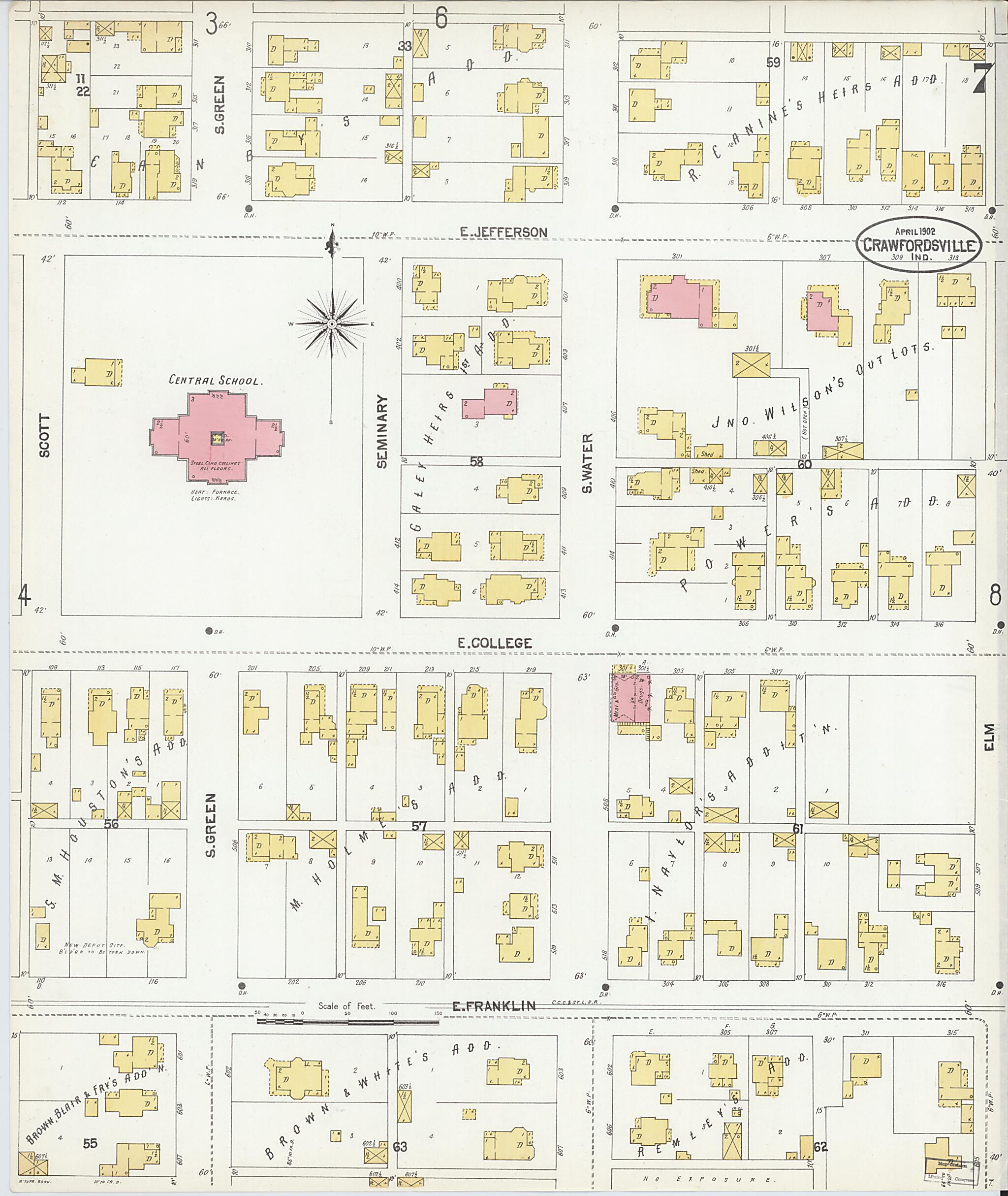 This old map of Crawfordsville, Montgomery County, Indiana was created by Sanborn Map Company in 1902