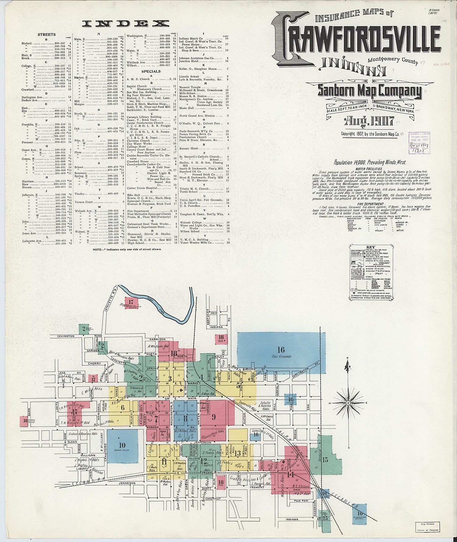 This old map of Crawfordsville, Montgomery County, Indiana was created by Sanborn Map Company in 1907