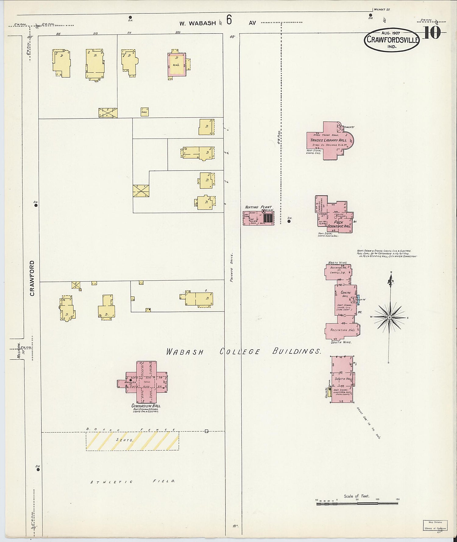 This old map of Crawfordsville, Montgomery County, Indiana was created by Sanborn Map Company in 1907