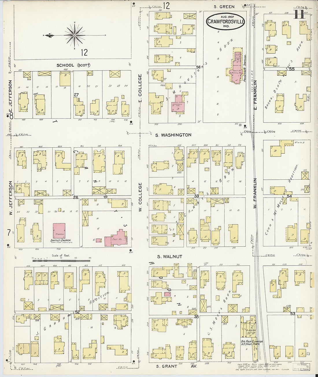 This old map of Crawfordsville, Montgomery County, Indiana was created by Sanborn Map Company in 1907