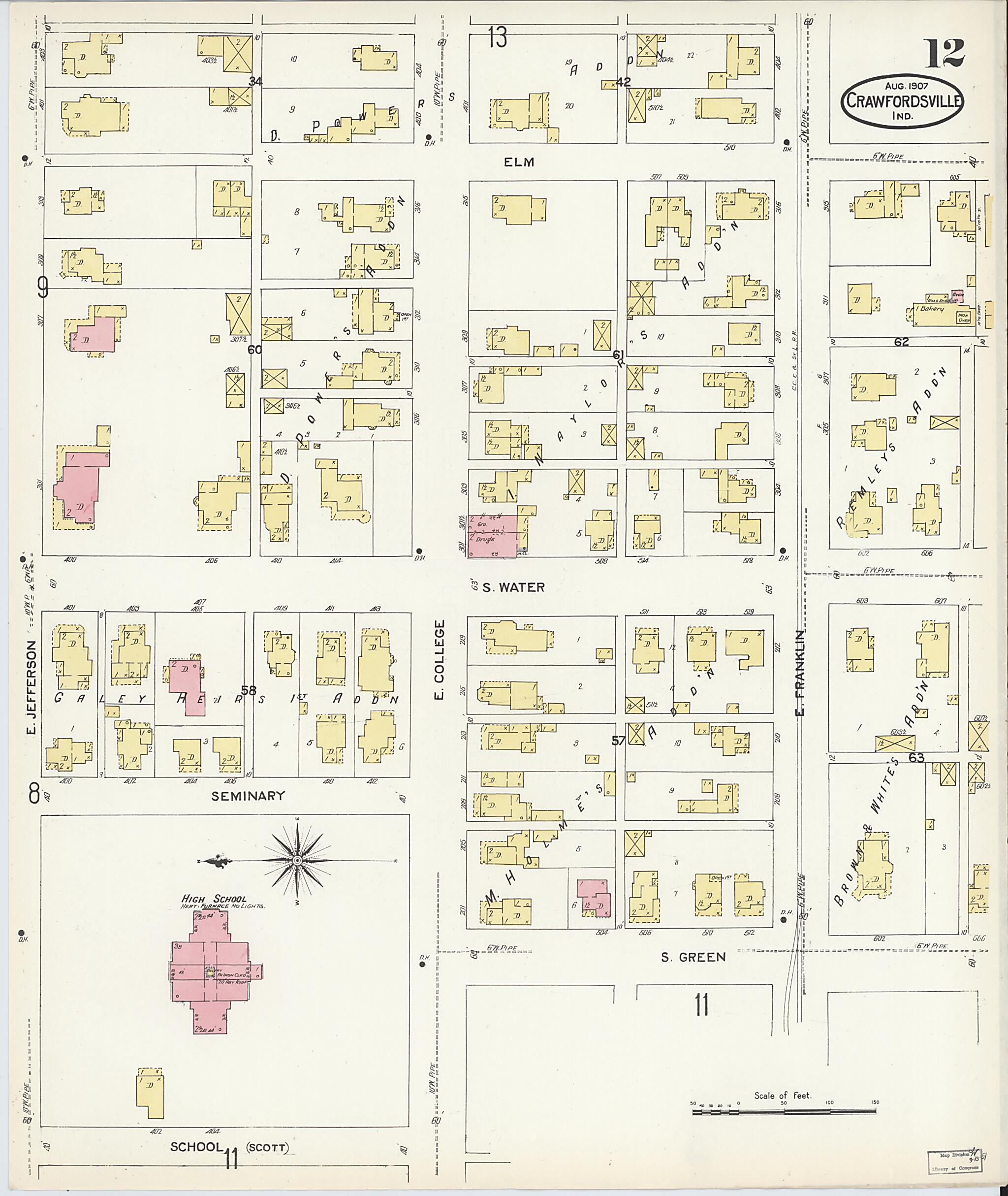 This old map of Crawfordsville, Montgomery County, Indiana was created by Sanborn Map Company in 1907