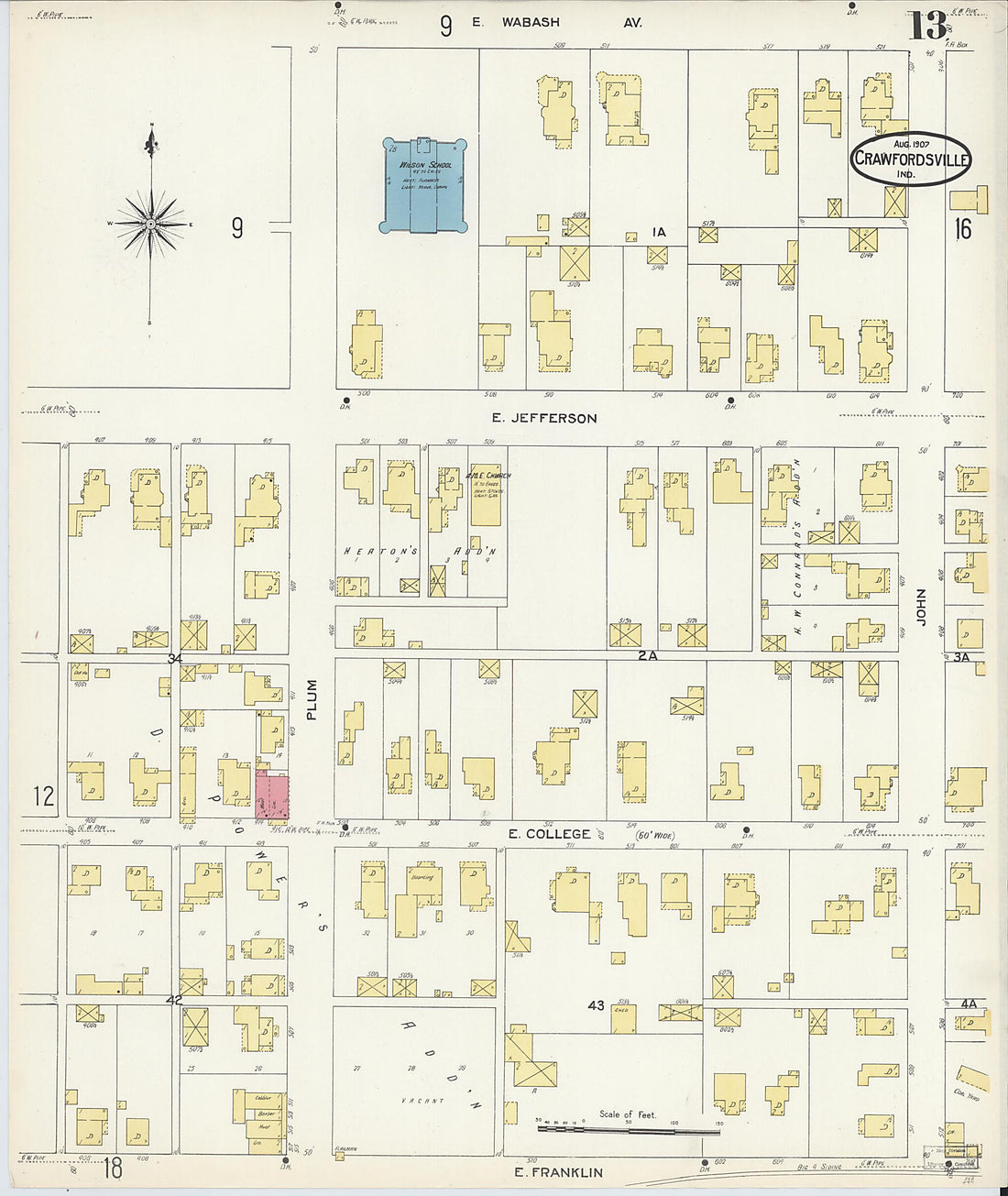 This old map of Crawfordsville, Montgomery County, Indiana was created by Sanborn Map Company in 1907