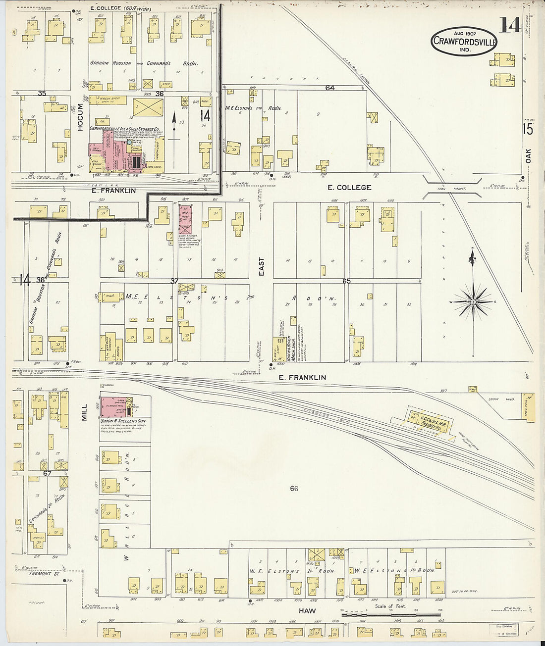 This old map of Crawfordsville, Montgomery County, Indiana was created by Sanborn Map Company in 1907