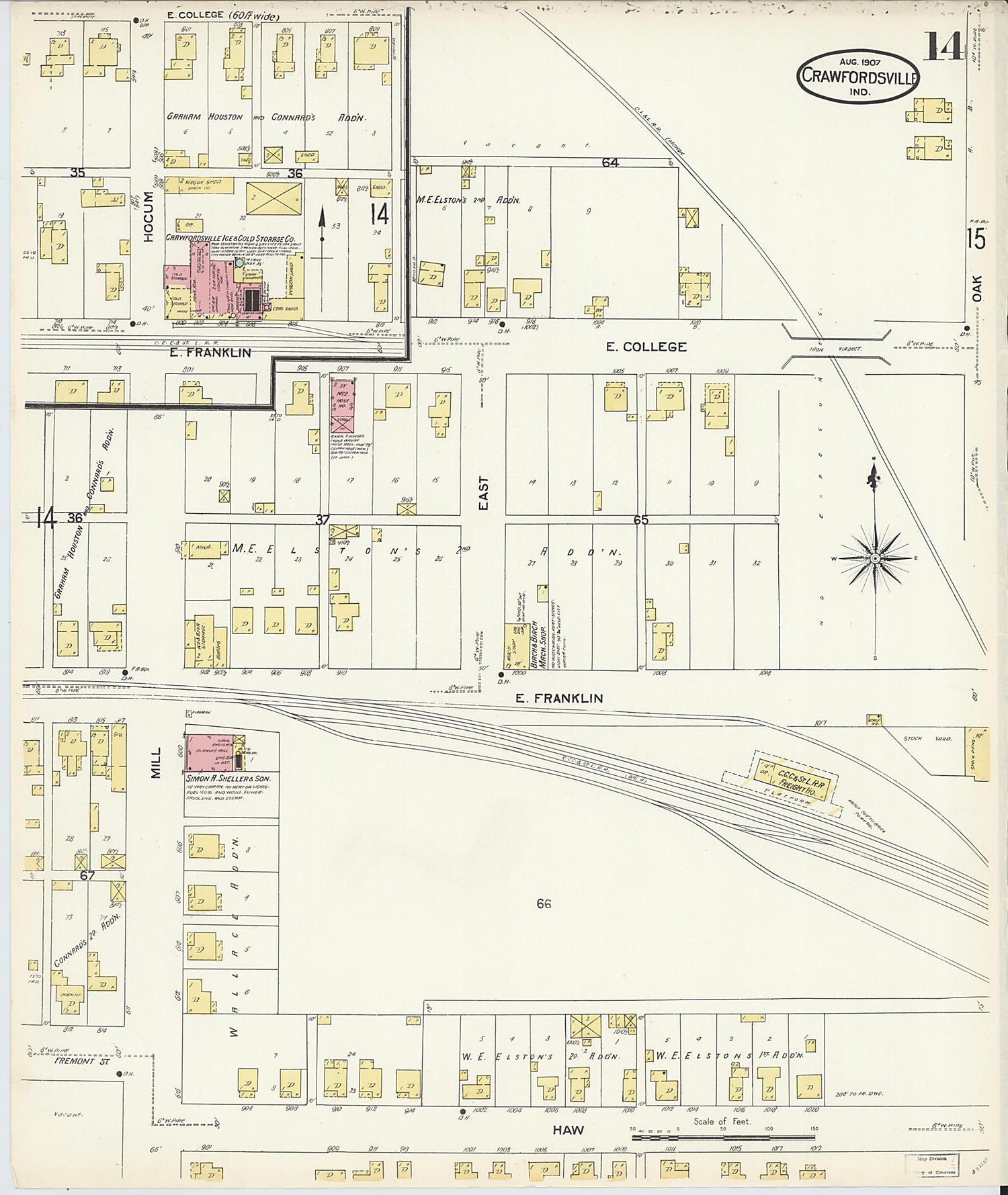 This old map of Crawfordsville, Montgomery County, Indiana was created by Sanborn Map Company in 1907