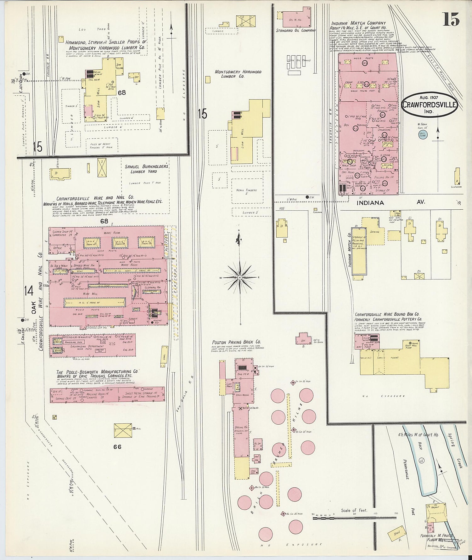 This old map of Crawfordsville, Montgomery County, Indiana was created by Sanborn Map Company in 1907