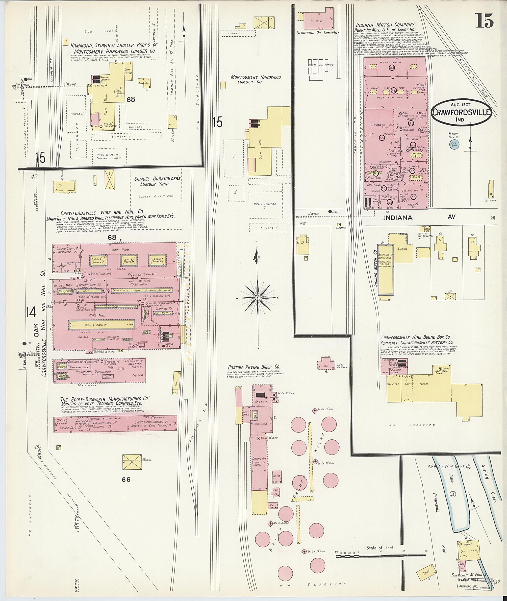 This old map of Crawfordsville, Montgomery County, Indiana was created by Sanborn Map Company in 1907