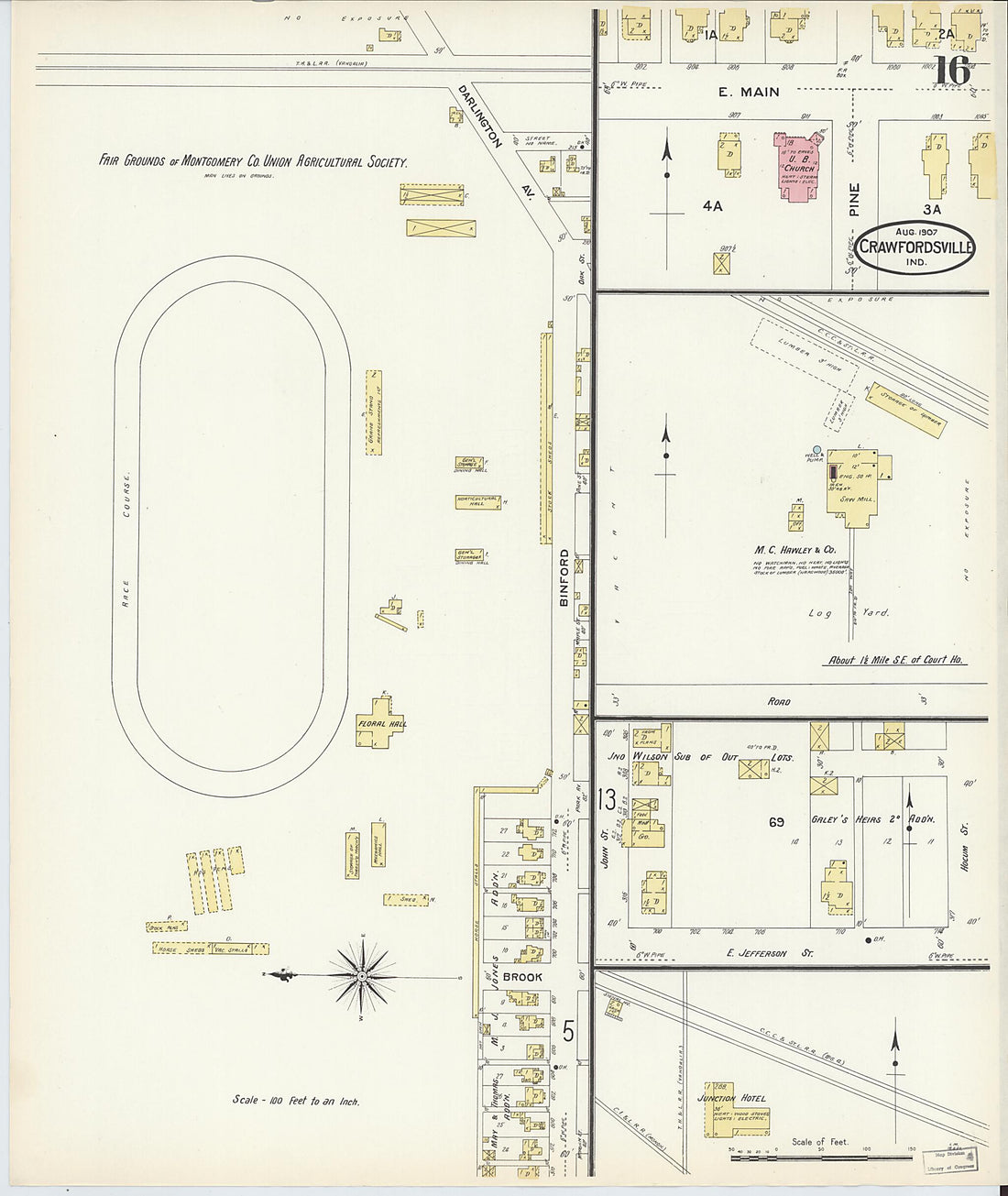 This old map of Crawfordsville, Montgomery County, Indiana was created by Sanborn Map Company in 1907