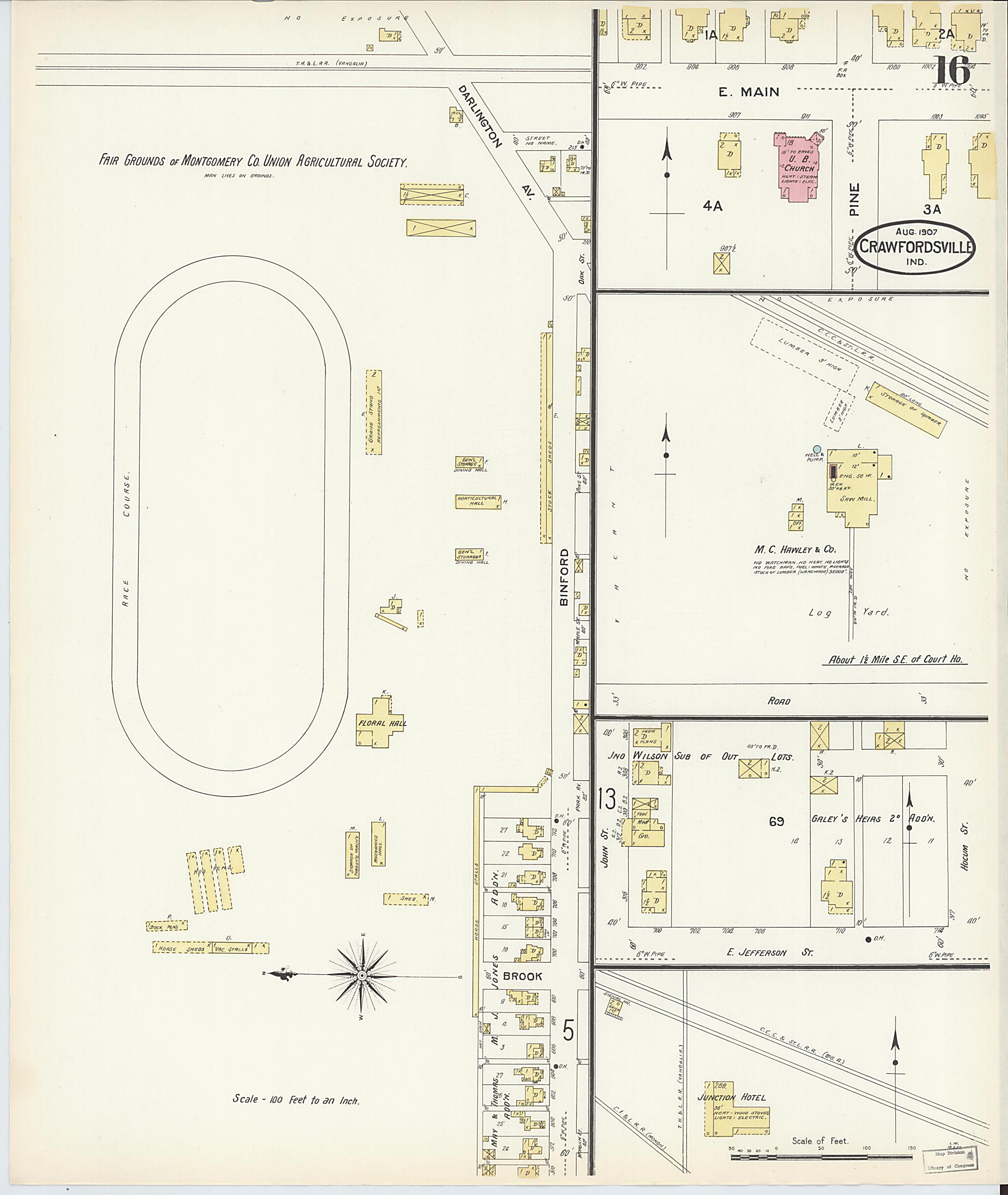 This old map of Crawfordsville, Montgomery County, Indiana was created by Sanborn Map Company in 1907