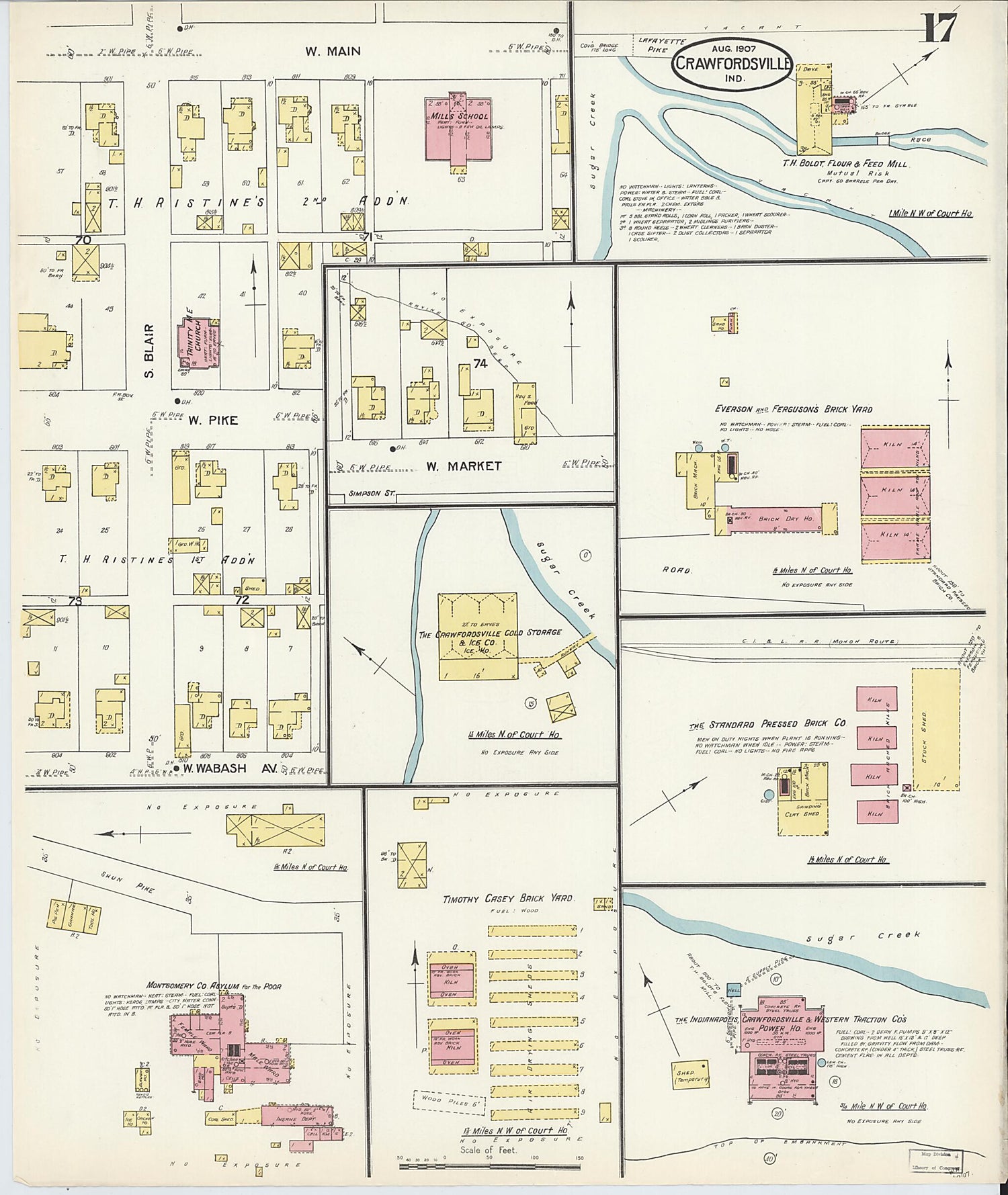 This old map of Crawfordsville, Montgomery County, Indiana was created by Sanborn Map Company in 1907