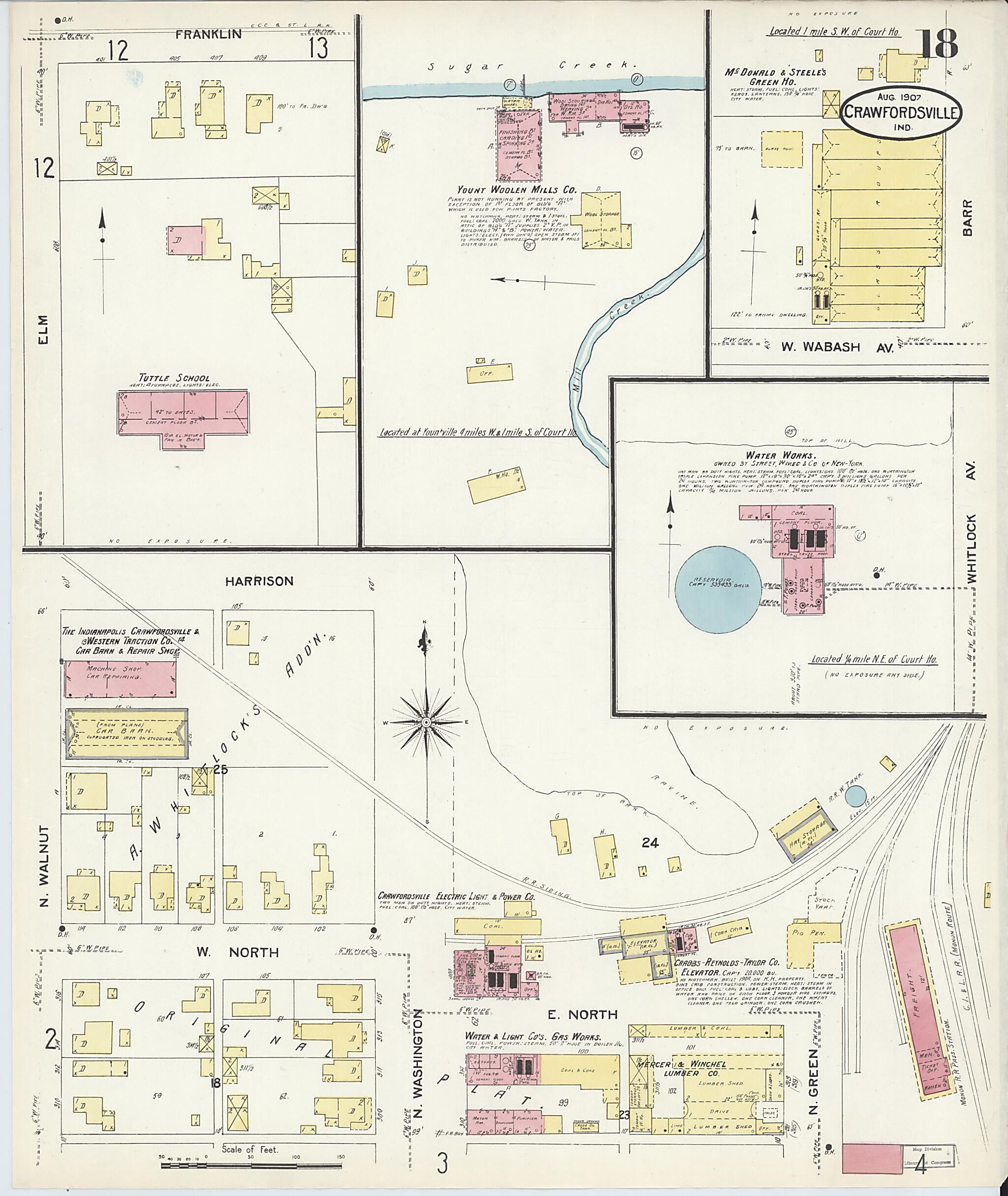 This old map of Crawfordsville, Montgomery County, Indiana was created by Sanborn Map Company in 1907