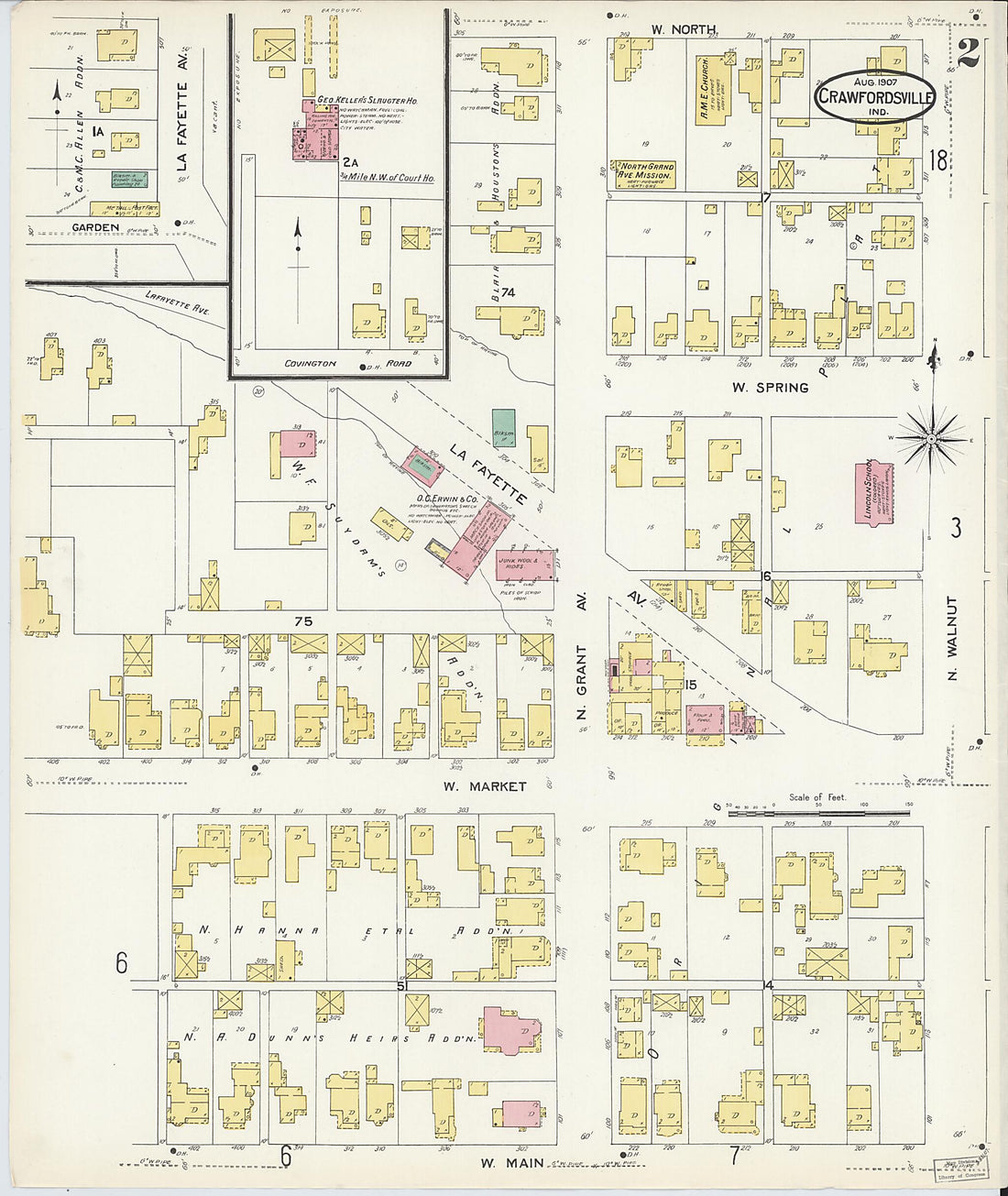 This old map of Crawfordsville, Montgomery County, Indiana was created by Sanborn Map Company in 1907