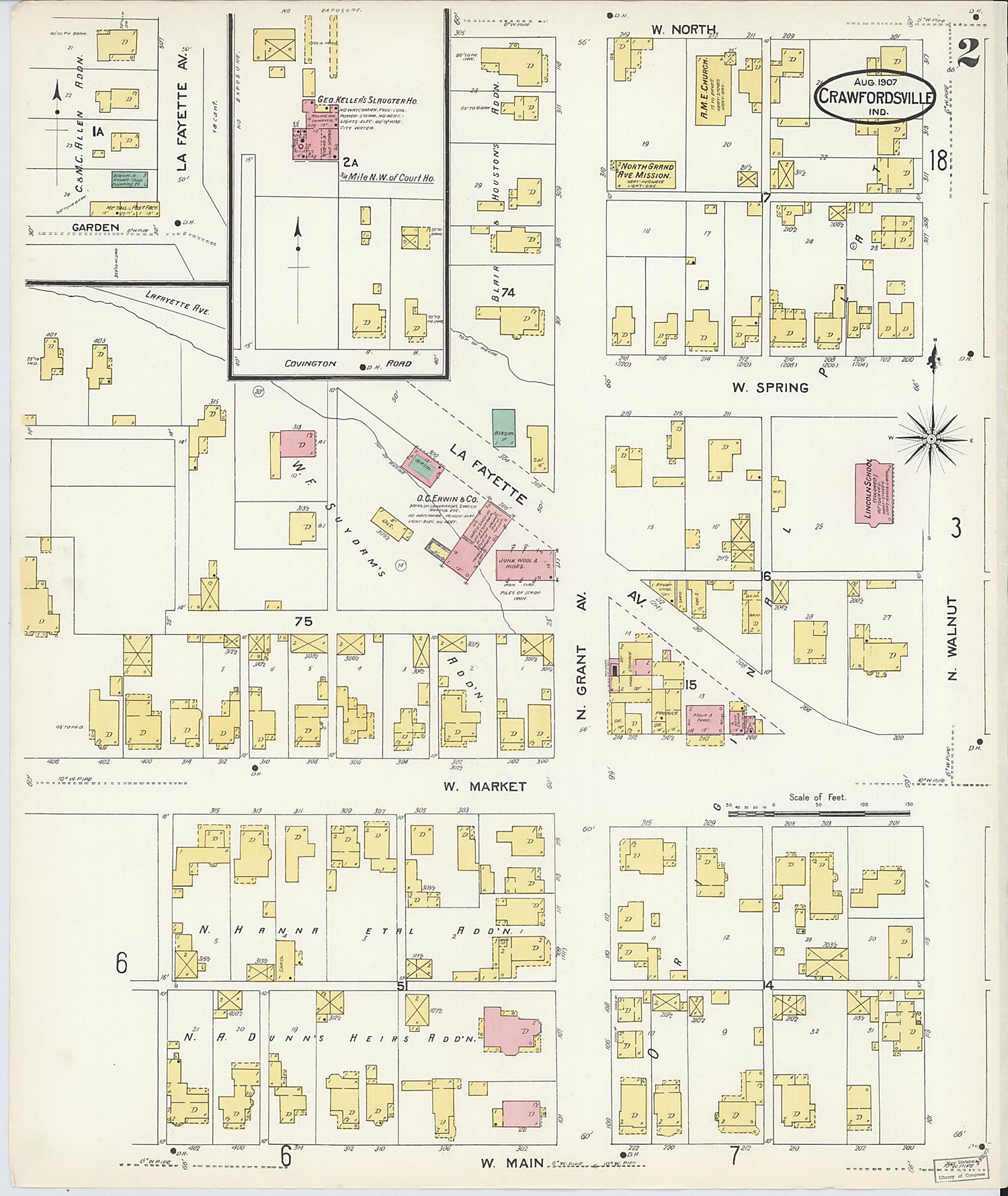 This old map of Crawfordsville, Montgomery County, Indiana was created by Sanborn Map Company in 1907