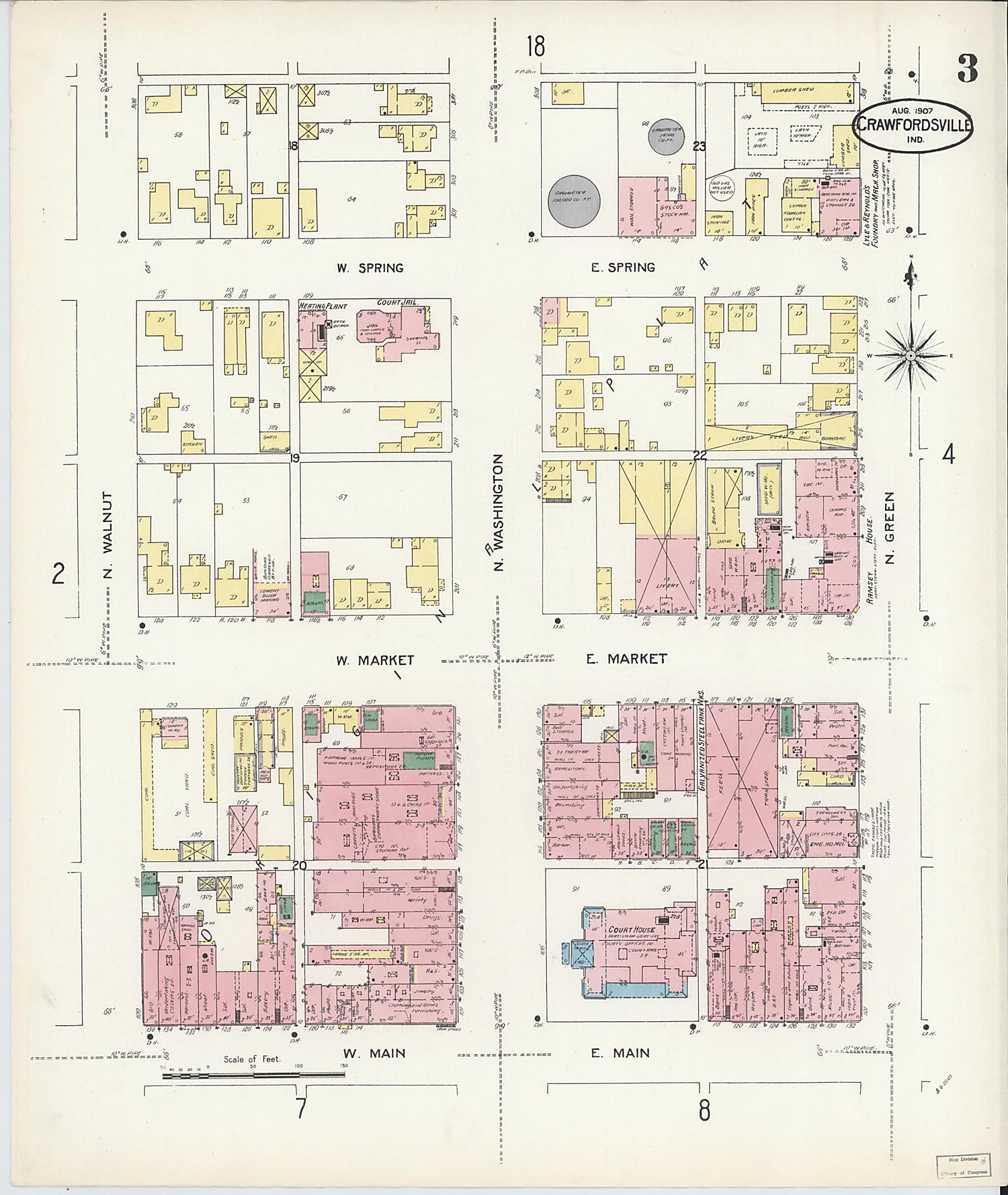 This old map of Crawfordsville, Montgomery County, Indiana was created by Sanborn Map Company in 1907