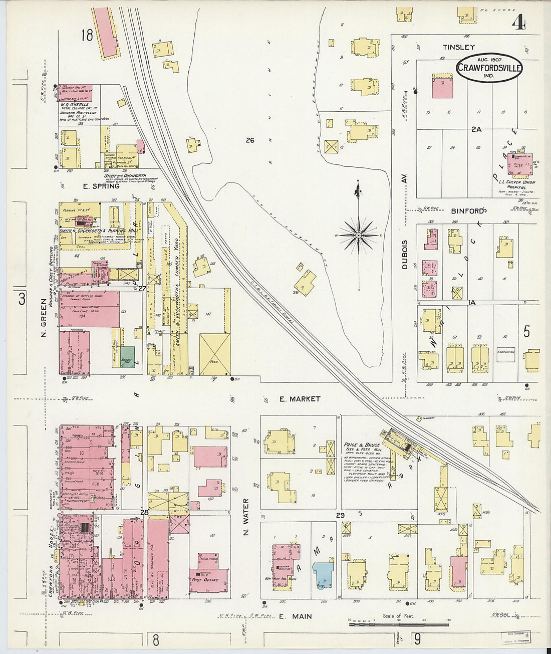 This old map of Crawfordsville, Montgomery County, Indiana was created by Sanborn Map Company in 1907