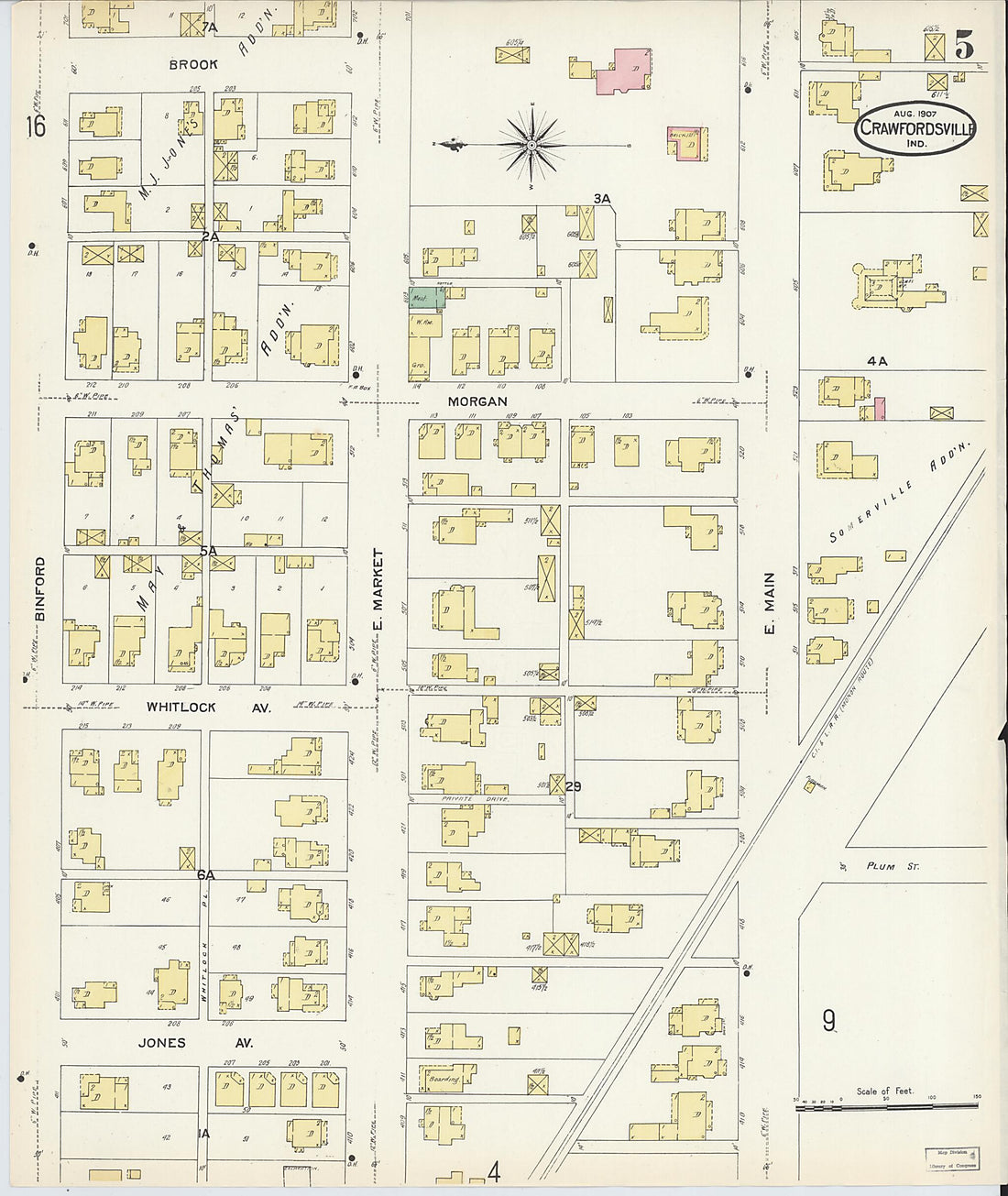 This old map of Crawfordsville, Montgomery County, Indiana was created by Sanborn Map Company in 1907