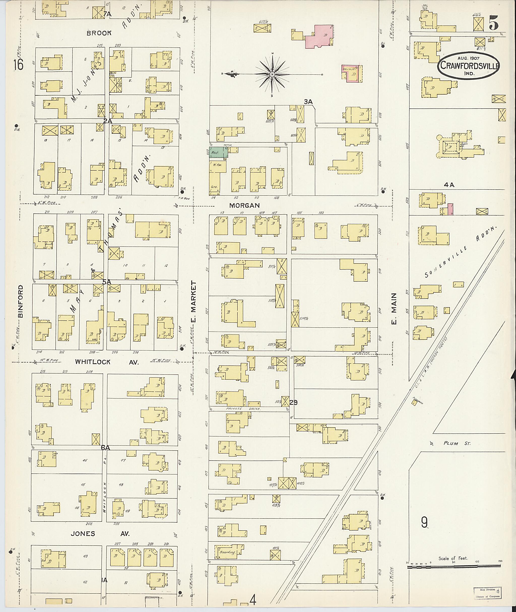 This old map of Crawfordsville, Montgomery County, Indiana was created by Sanborn Map Company in 1907