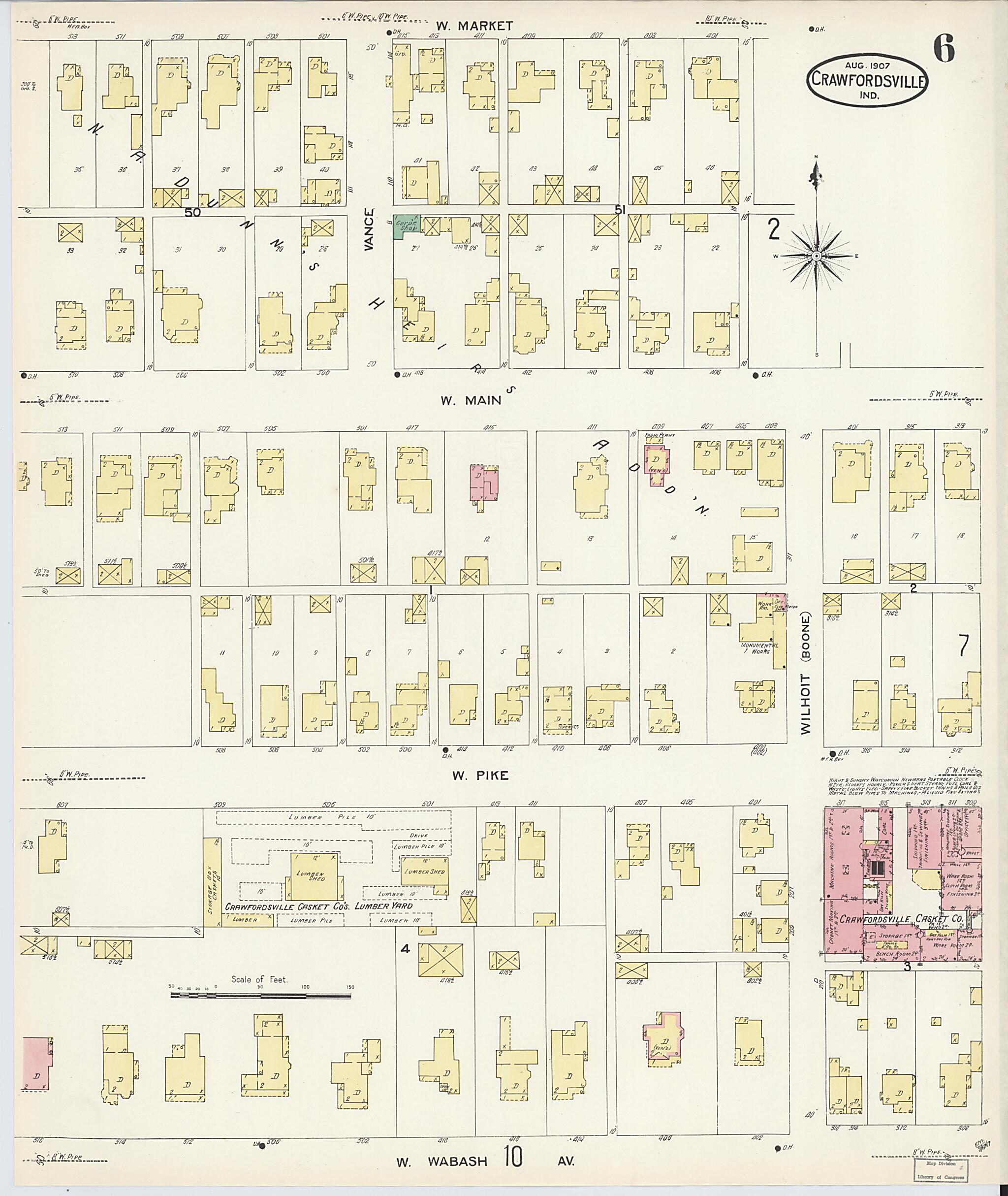 This old map of Crawfordsville, Montgomery County, Indiana was created by Sanborn Map Company in 1907