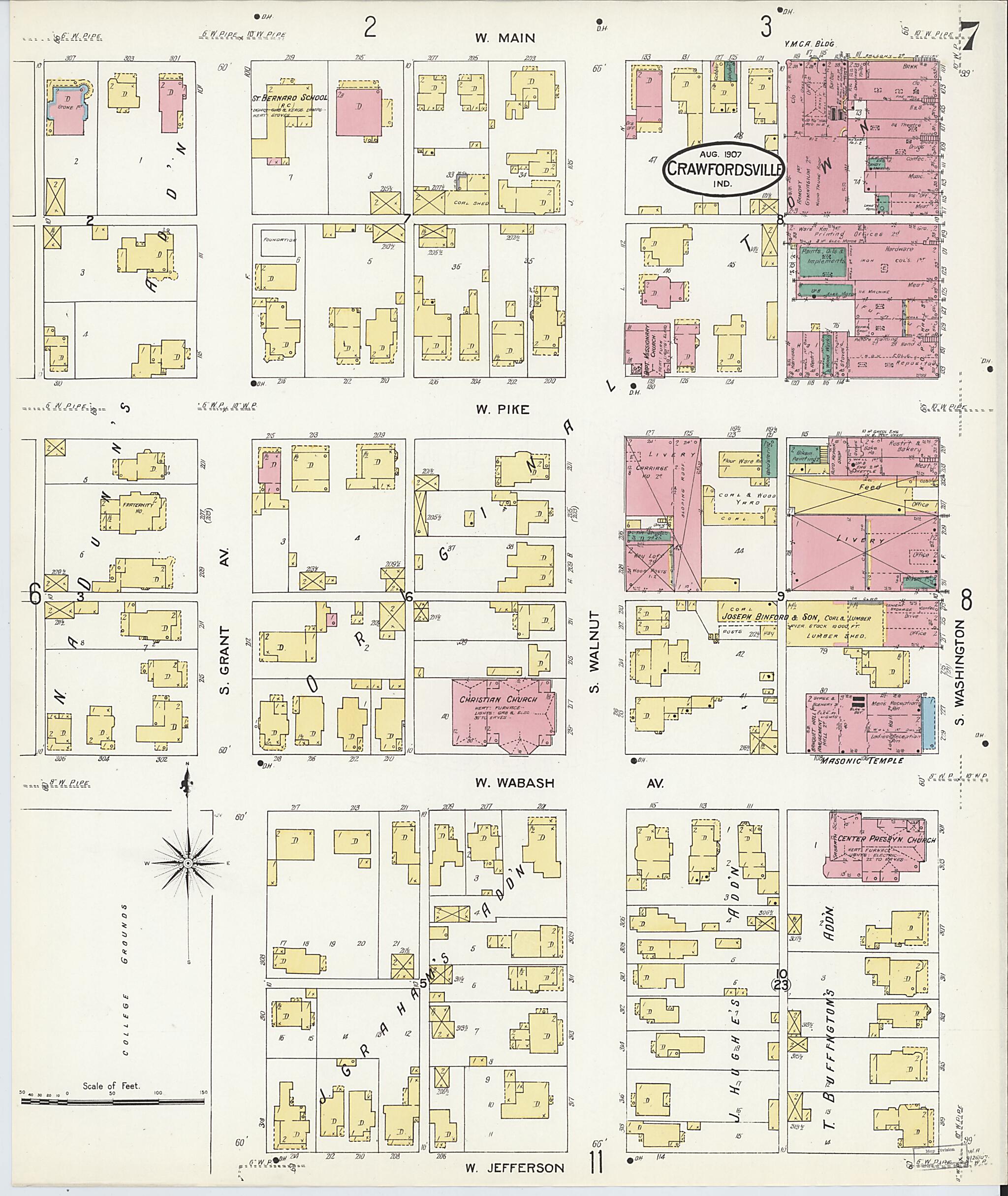 This old map of Crawfordsville, Montgomery County, Indiana was created by Sanborn Map Company in 1907