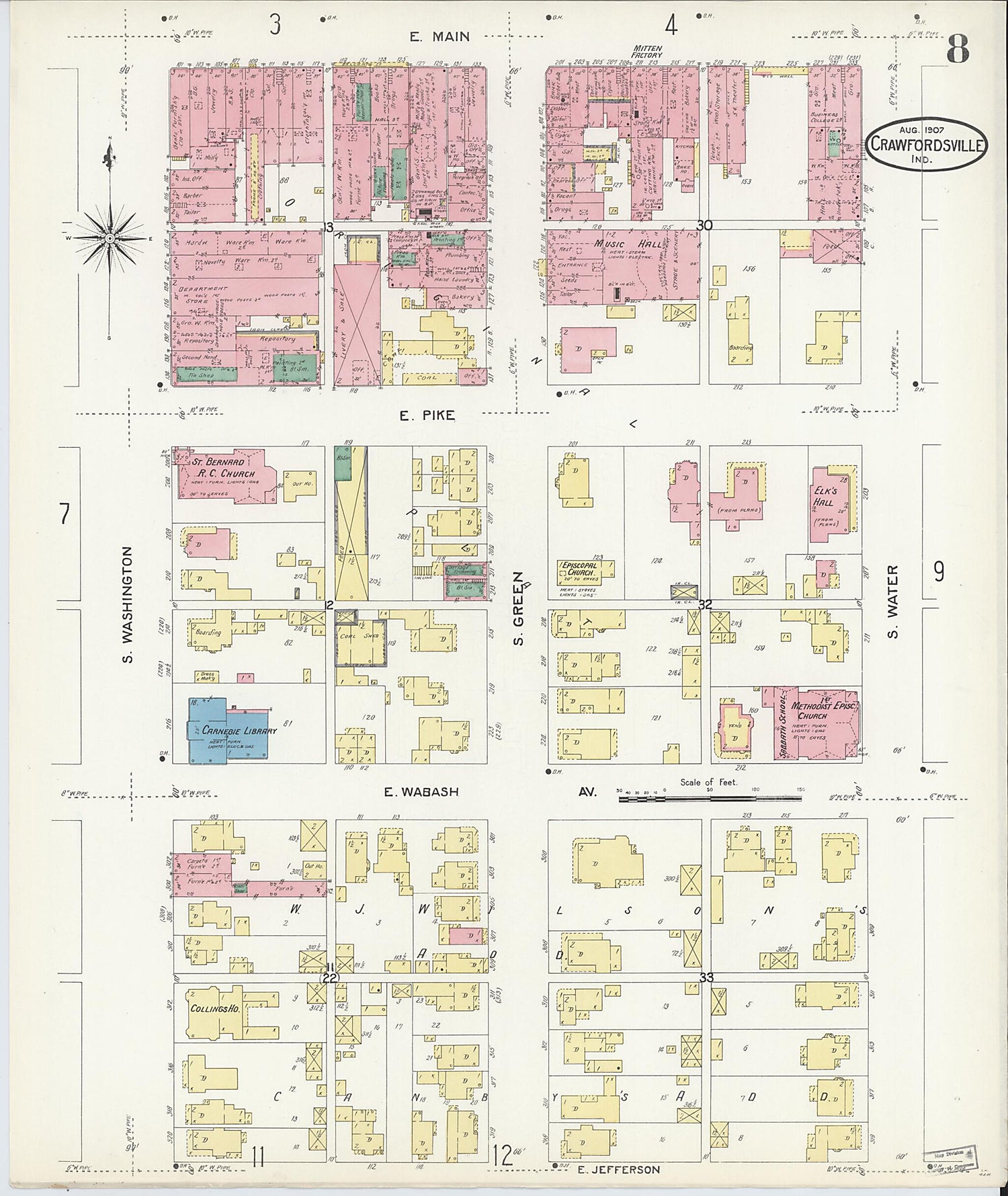 This old map of Crawfordsville, Montgomery County, Indiana was created by Sanborn Map Company in 1907