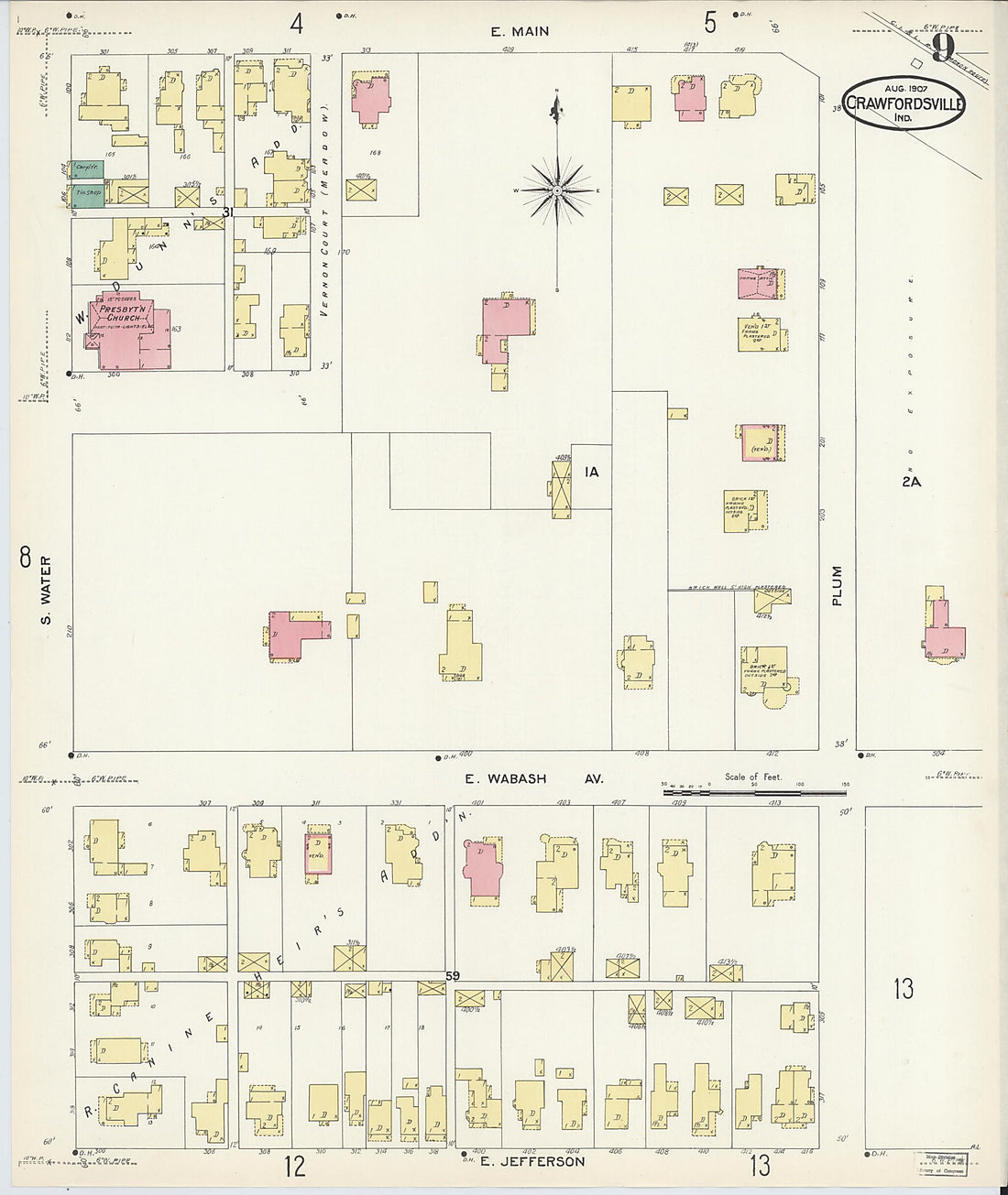 This old map of Crawfordsville, Montgomery County, Indiana was created by Sanborn Map Company in 1907