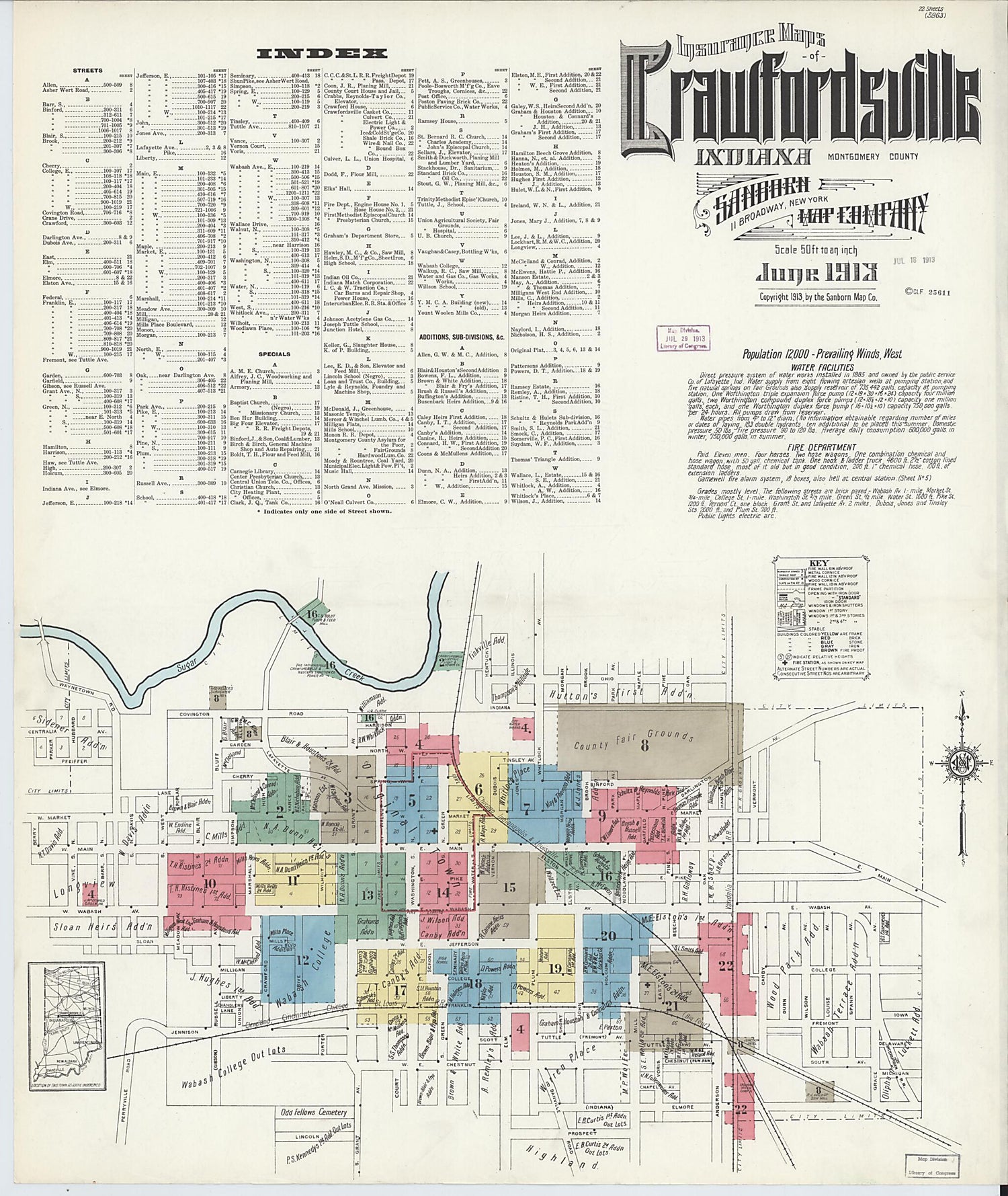 This old map of Crawfordsville, Montgomery County, Indiana was created by Sanborn Map Company in 1913