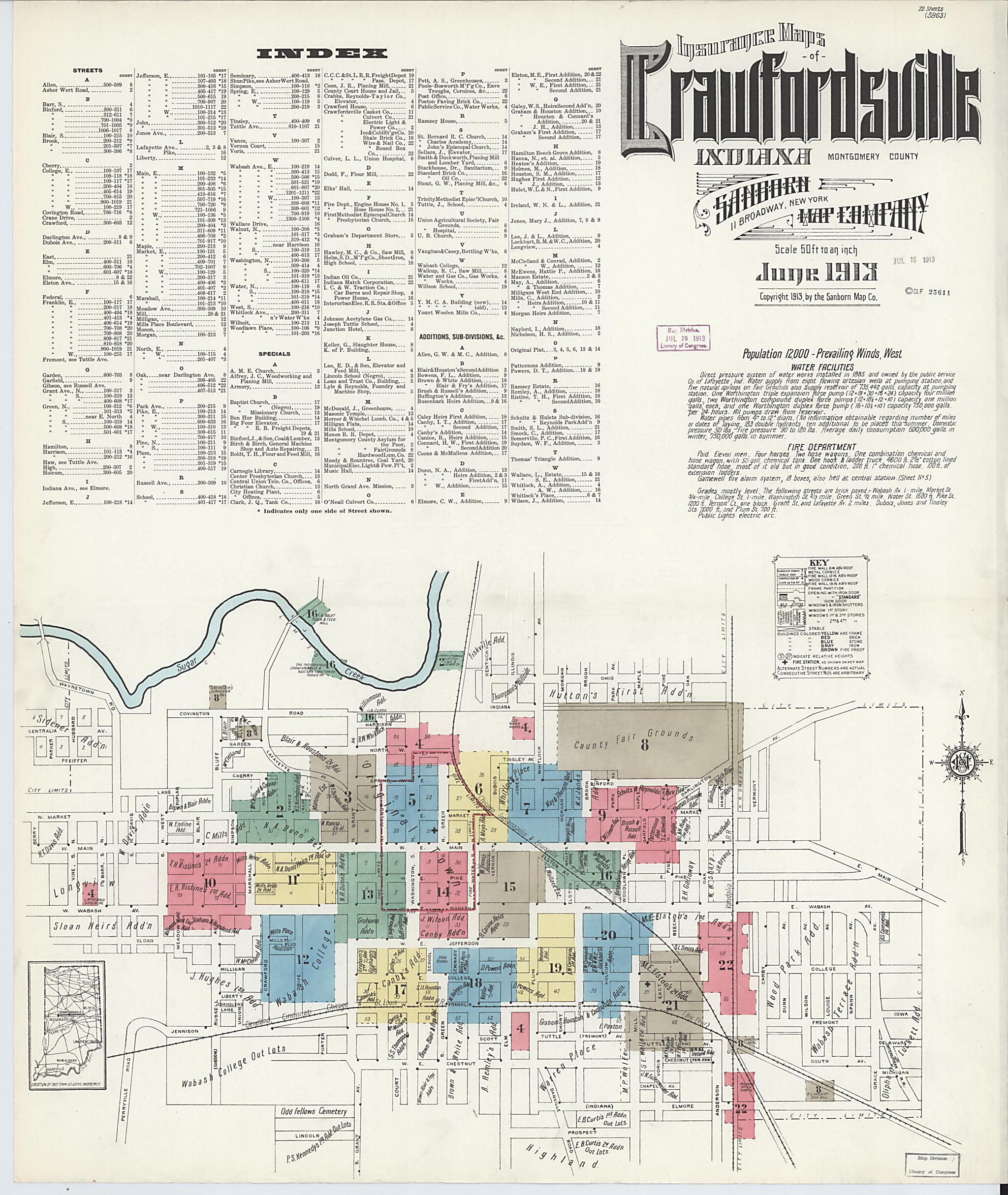 This old map of Crawfordsville, Montgomery County, Indiana was created by Sanborn Map Company in 1913