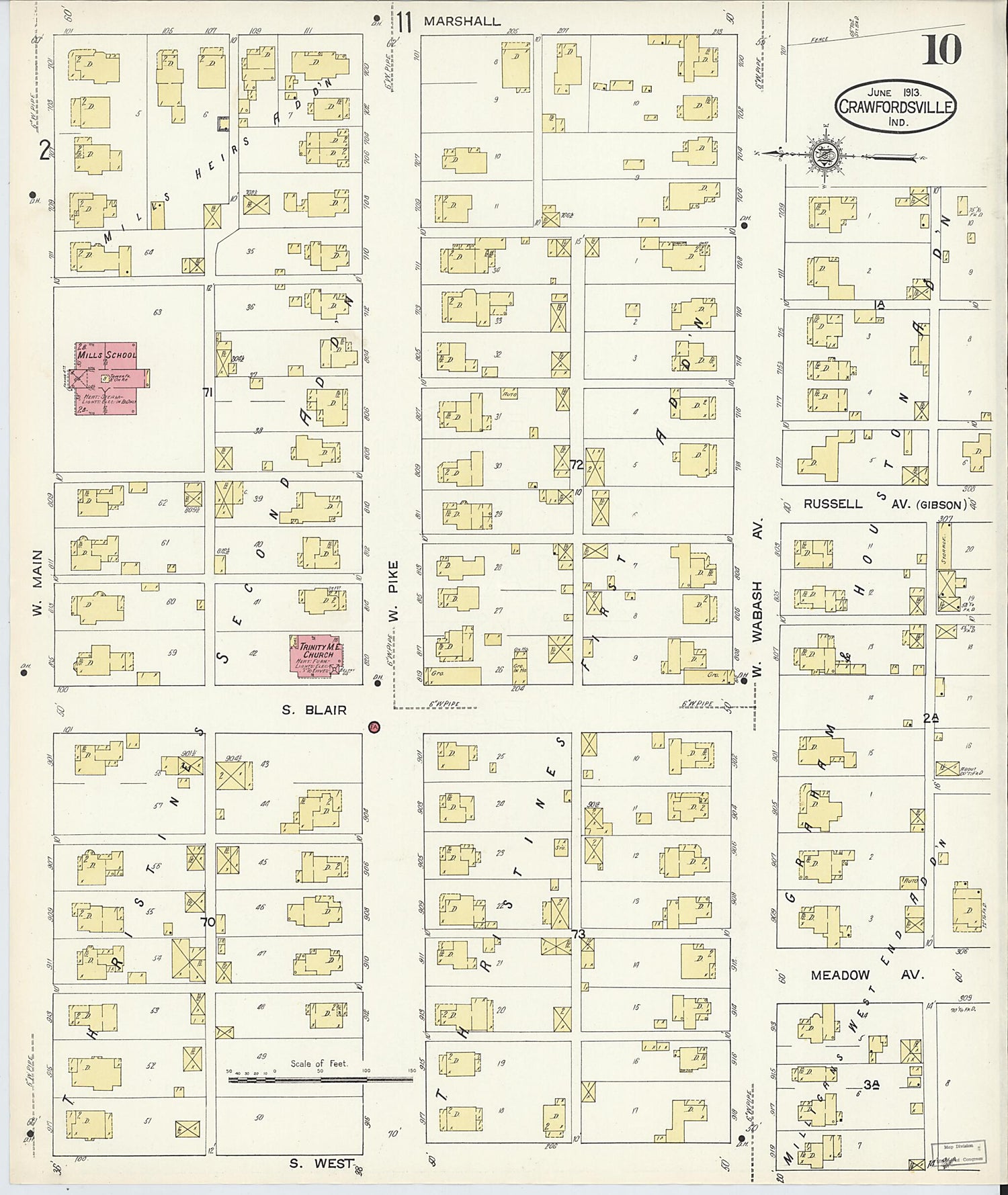 This old map of Crawfordsville, Montgomery County, Indiana was created by Sanborn Map Company in 1913