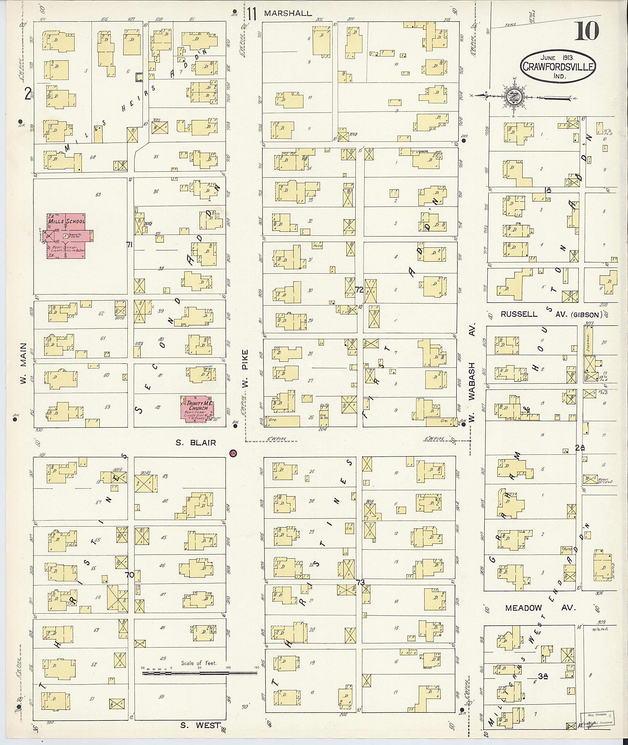 This old map of Crawfordsville, Montgomery County, Indiana was created by Sanborn Map Company in 1913