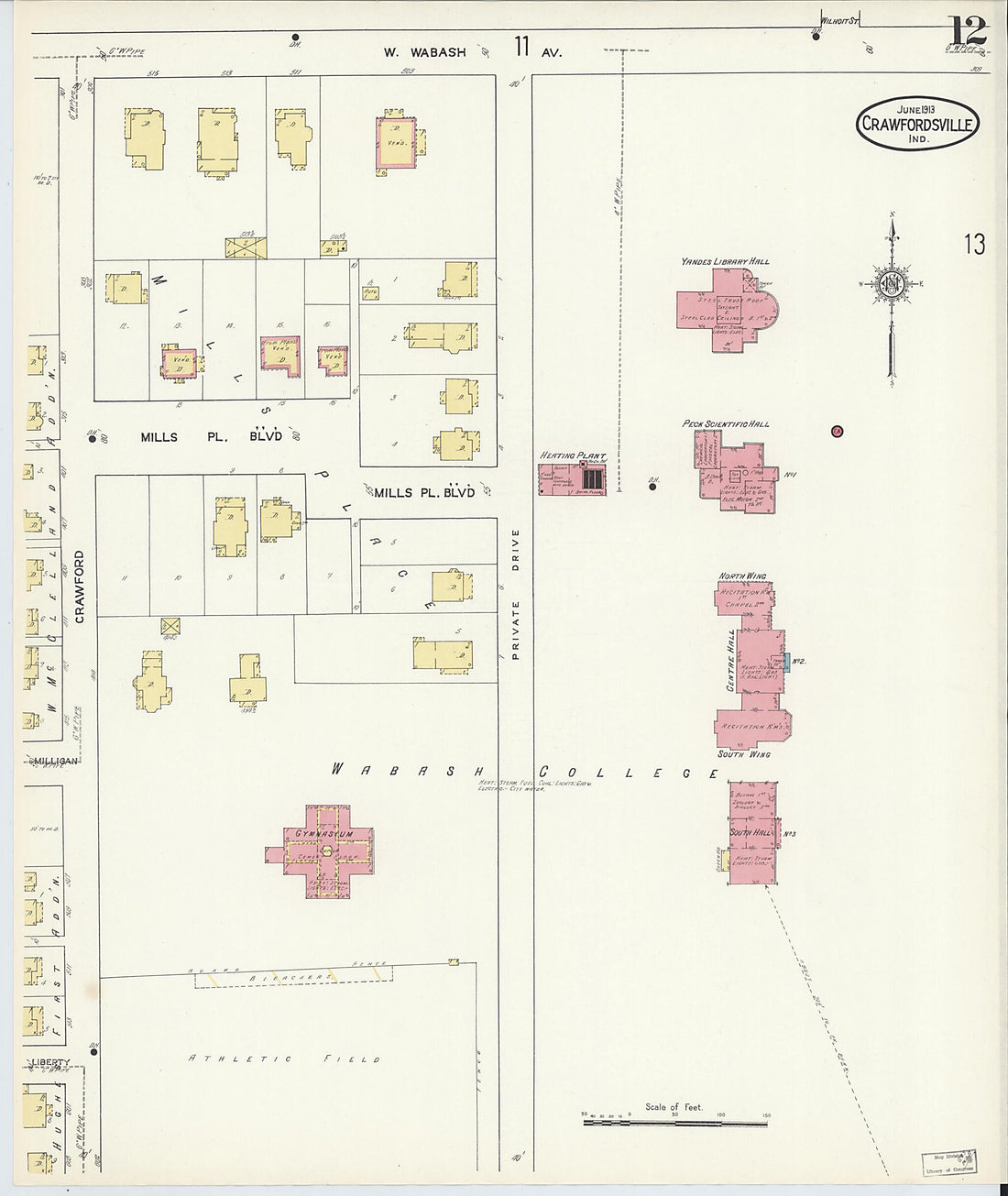 This old map of Crawfordsville, Montgomery County, Indiana was created by Sanborn Map Company in 1913