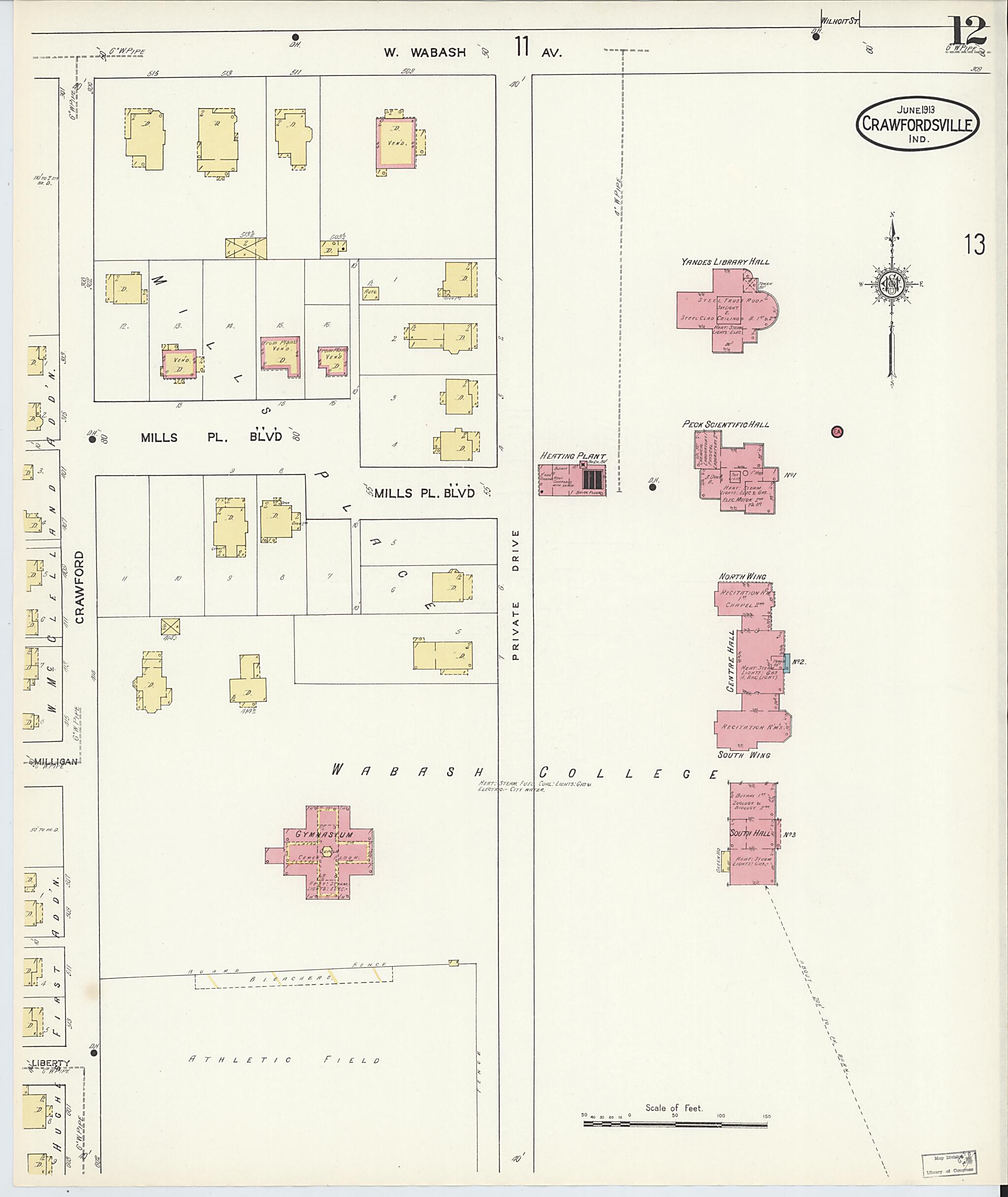 This old map of Crawfordsville, Montgomery County, Indiana was created by Sanborn Map Company in 1913