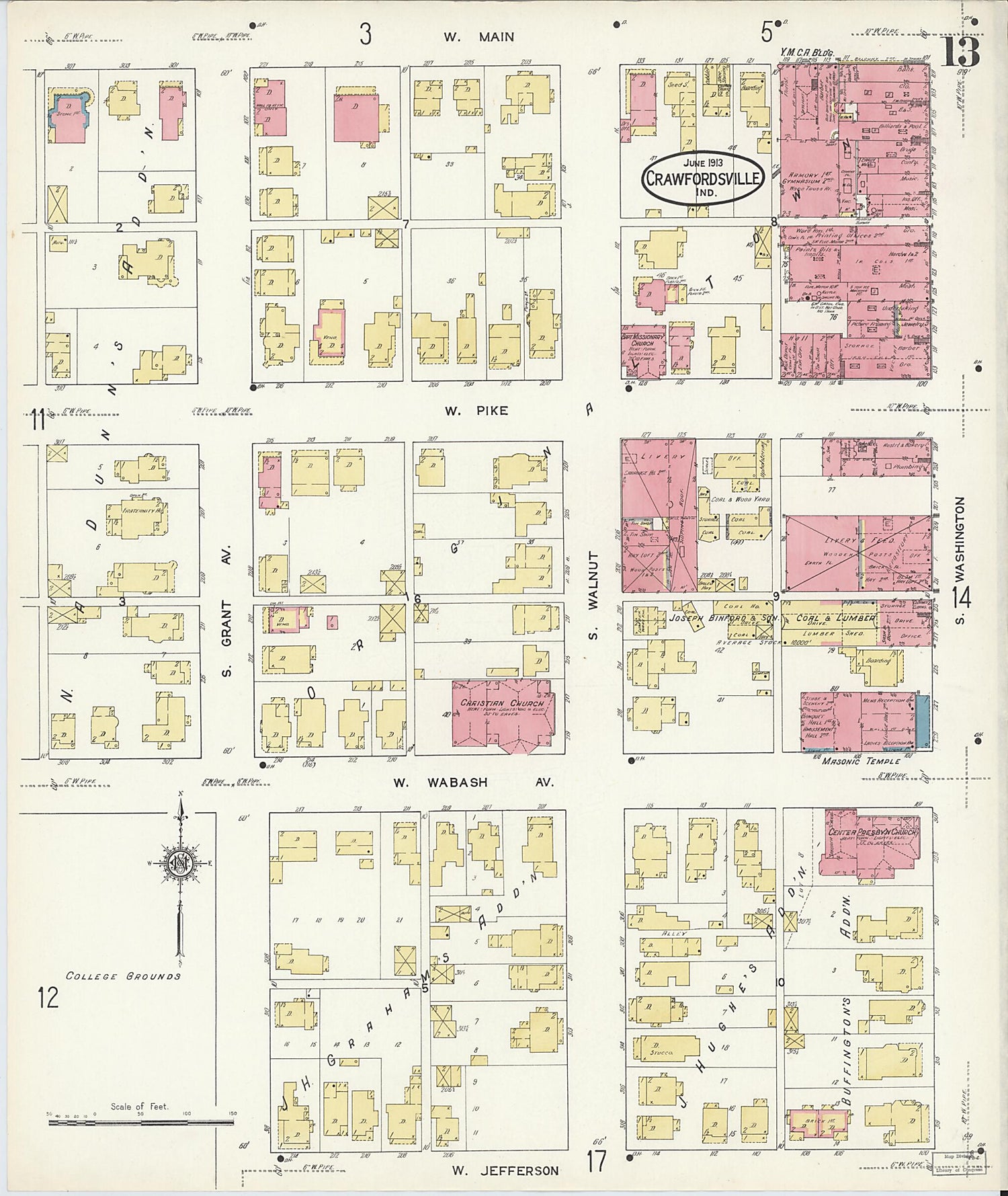 This old map of Crawfordsville, Montgomery County, Indiana was created by Sanborn Map Company in 1913