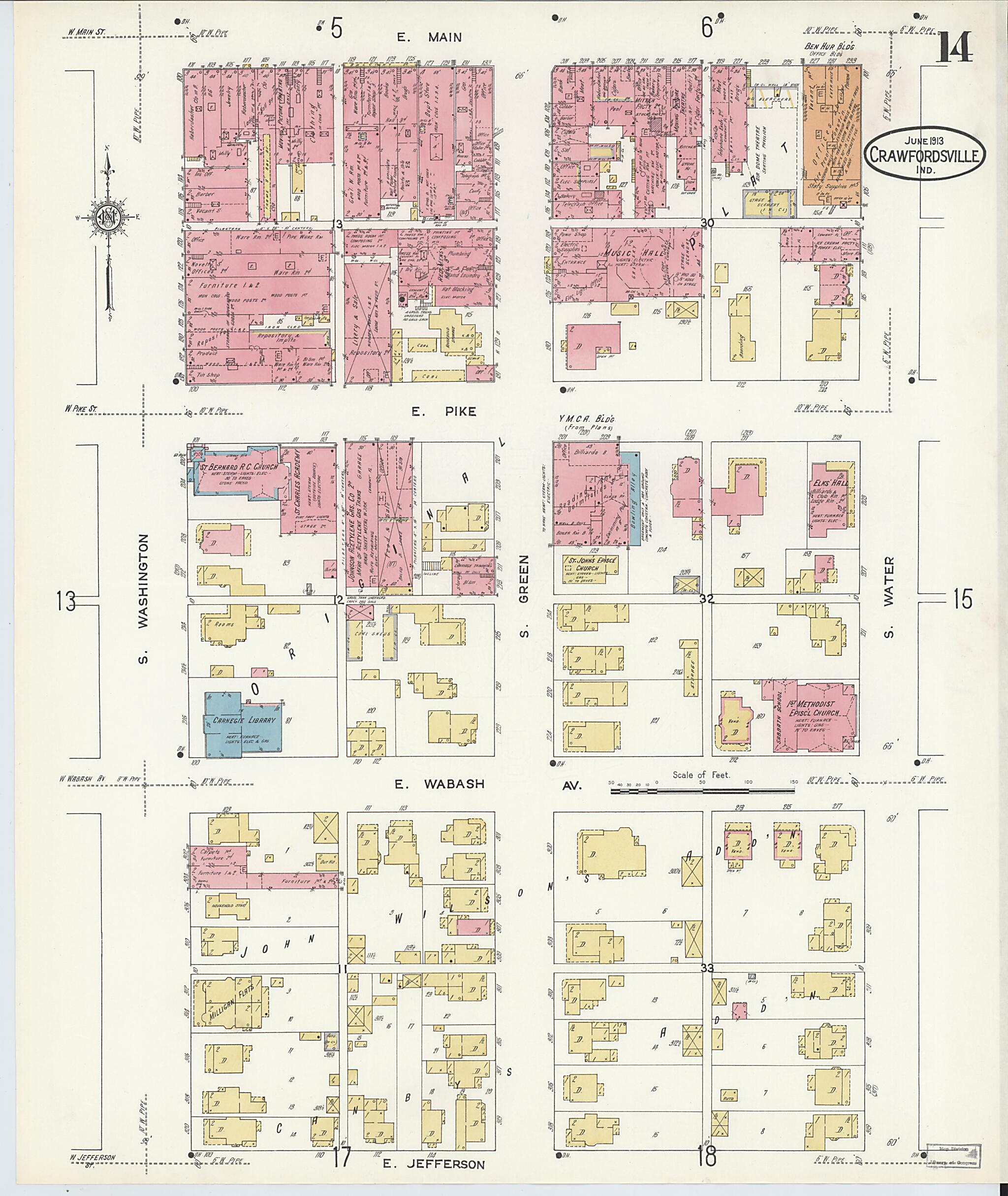 This old map of Crawfordsville, Montgomery County, Indiana was created by Sanborn Map Company in 1913