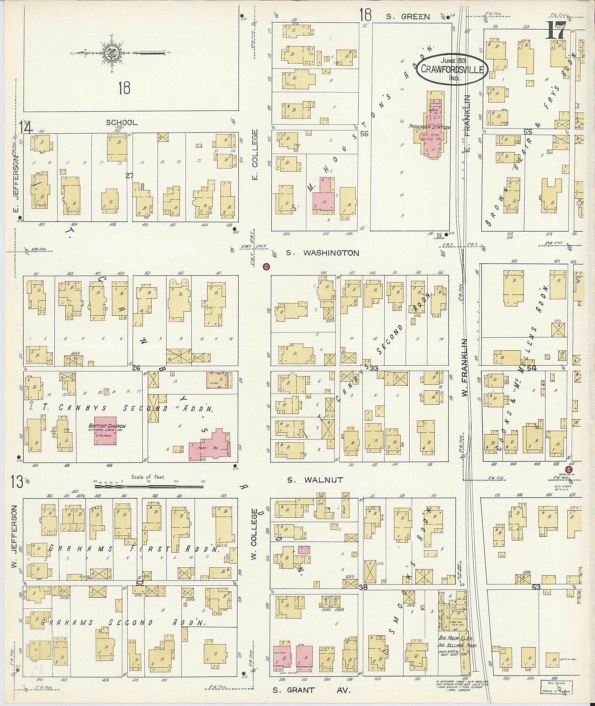 This old map of Crawfordsville, Montgomery County, Indiana was created by Sanborn Map Company in 1913