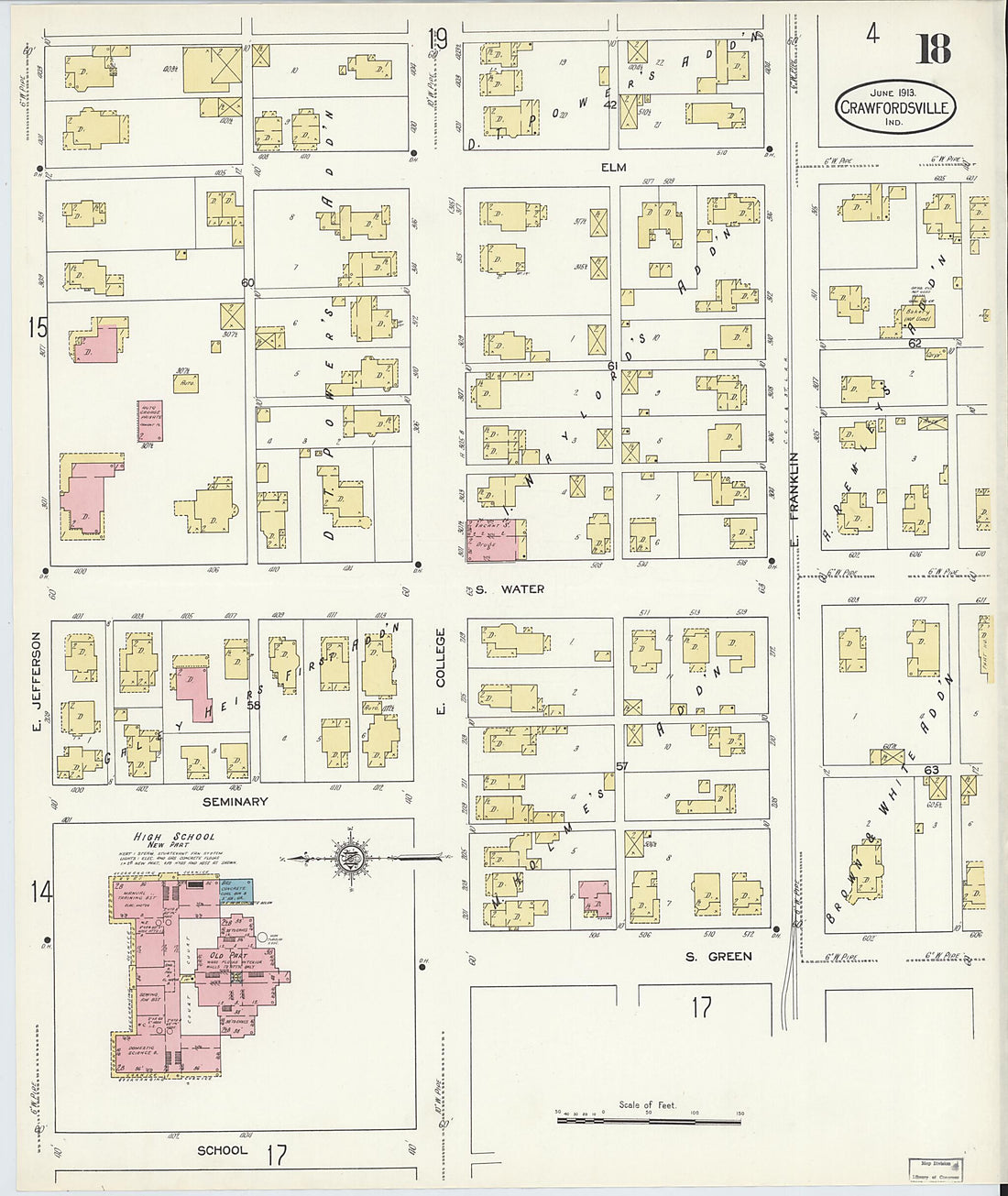 This old map of Crawfordsville, Montgomery County, Indiana was created by Sanborn Map Company in 1913