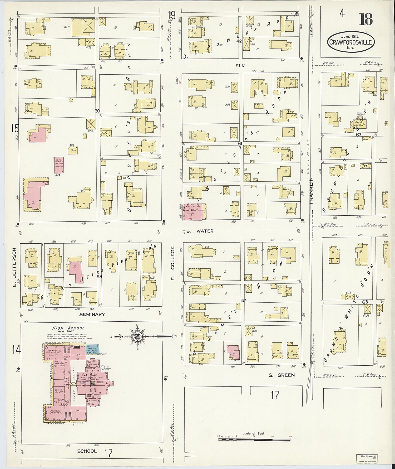 This old map of Crawfordsville, Montgomery County, Indiana was created by Sanborn Map Company in 1913