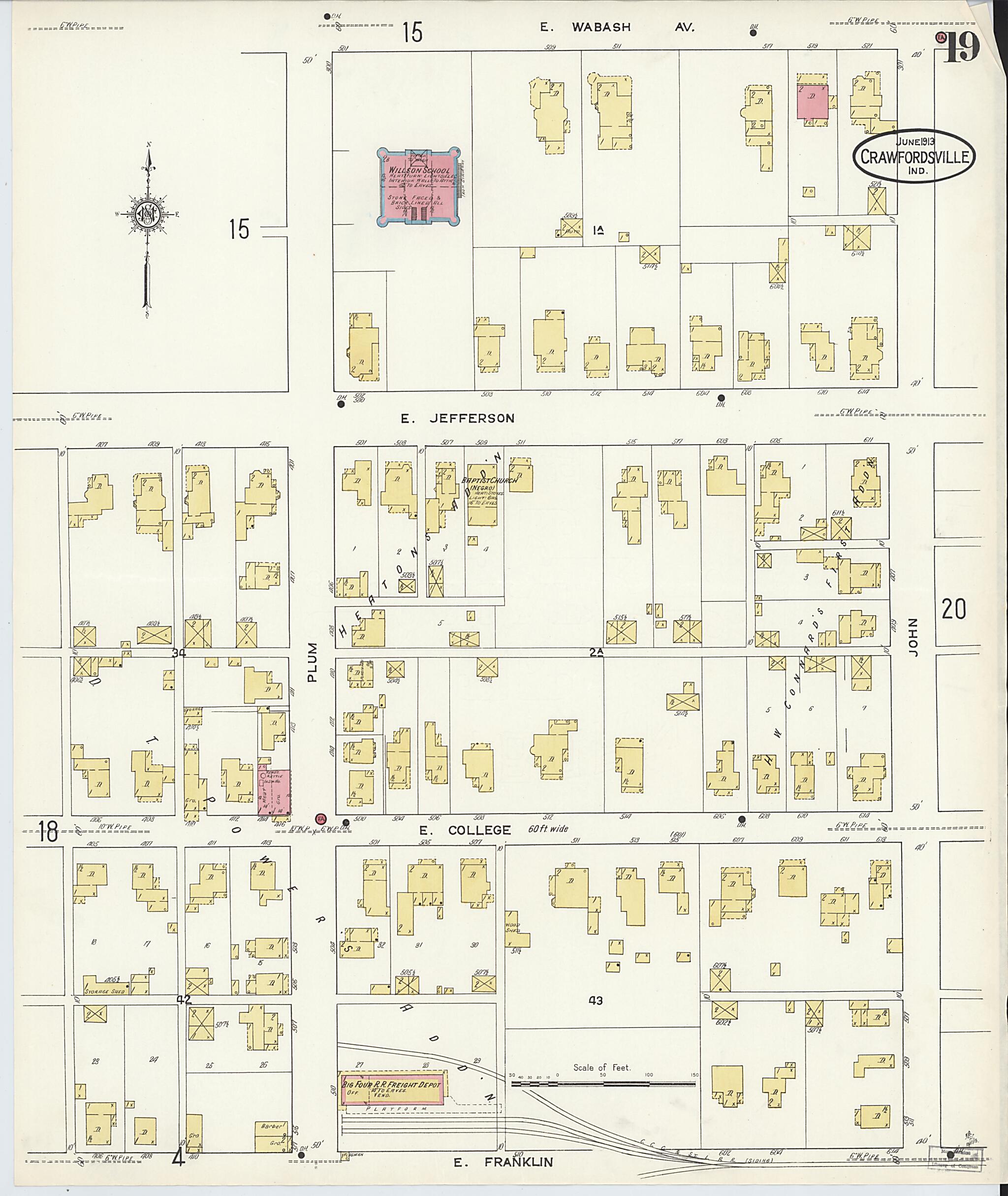 This old map of Crawfordsville, Montgomery County, Indiana was created by Sanborn Map Company in 1913