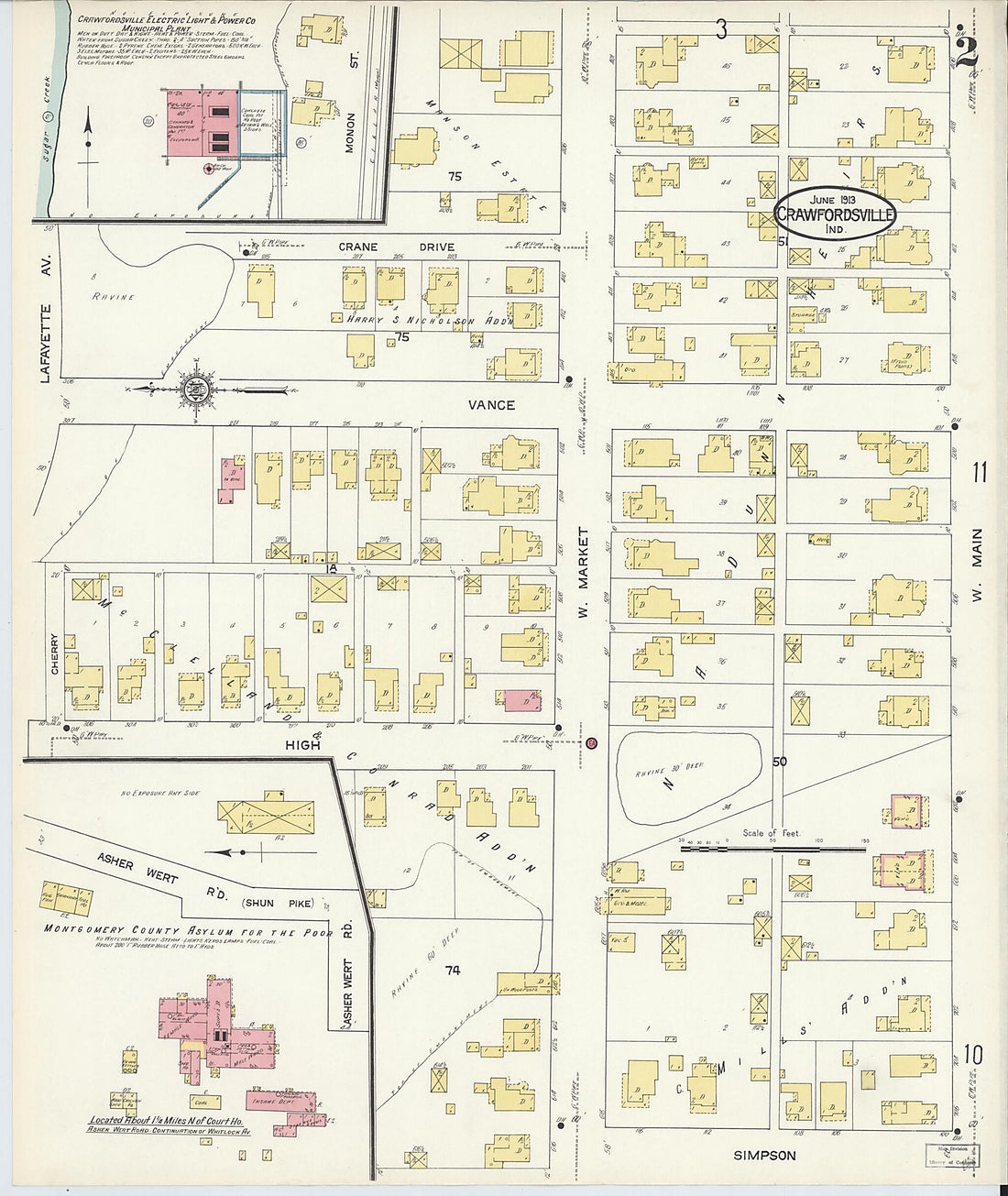 This old map of Crawfordsville, Montgomery County, Indiana was created by Sanborn Map Company in 1913