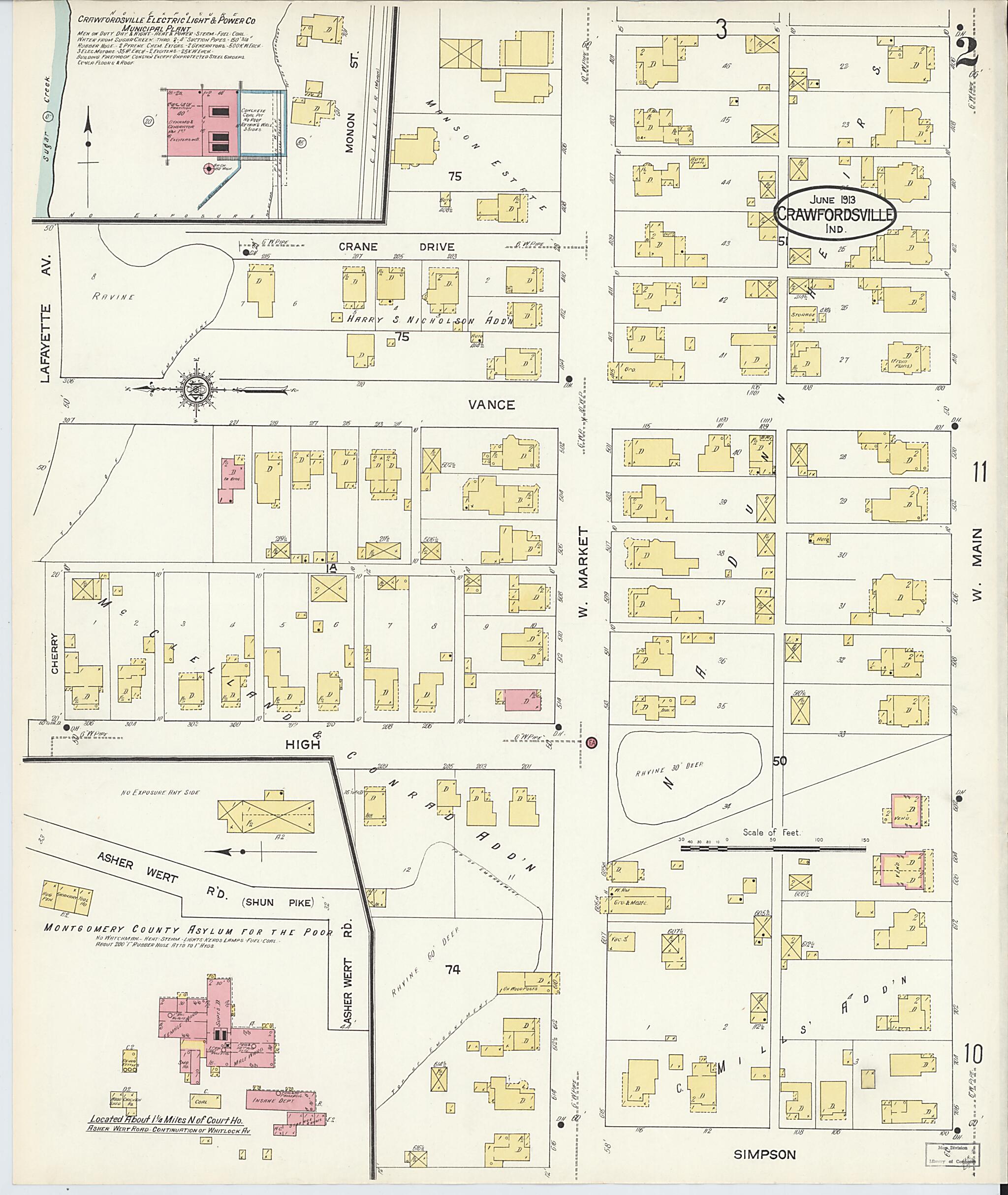 This old map of Crawfordsville, Montgomery County, Indiana was created by Sanborn Map Company in 1913