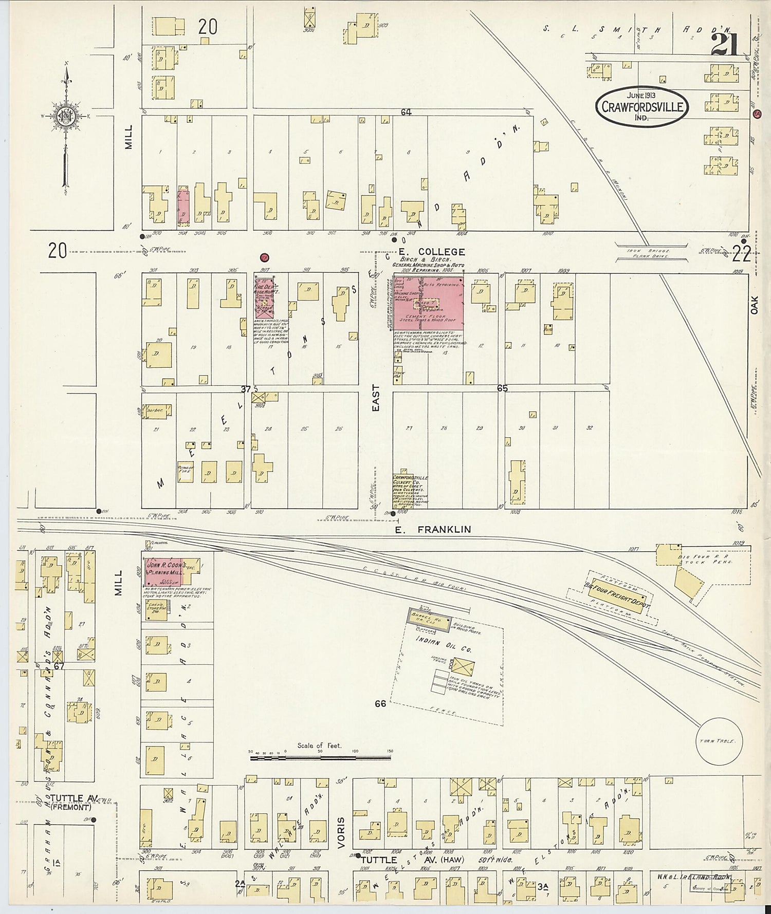 This old map of Crawfordsville, Montgomery County, Indiana was created by Sanborn Map Company in 1913