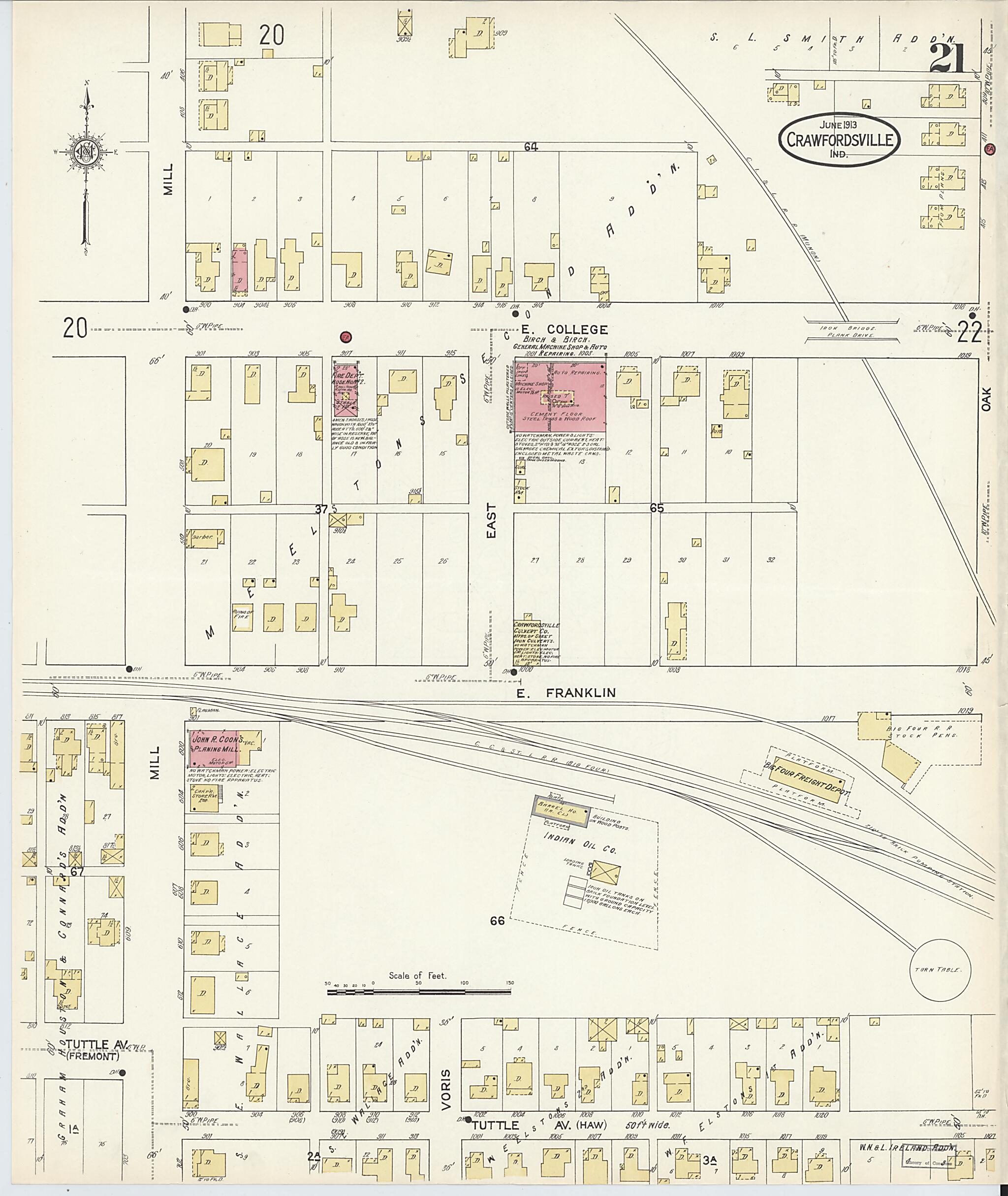 This old map of Crawfordsville, Montgomery County, Indiana was created by Sanborn Map Company in 1913