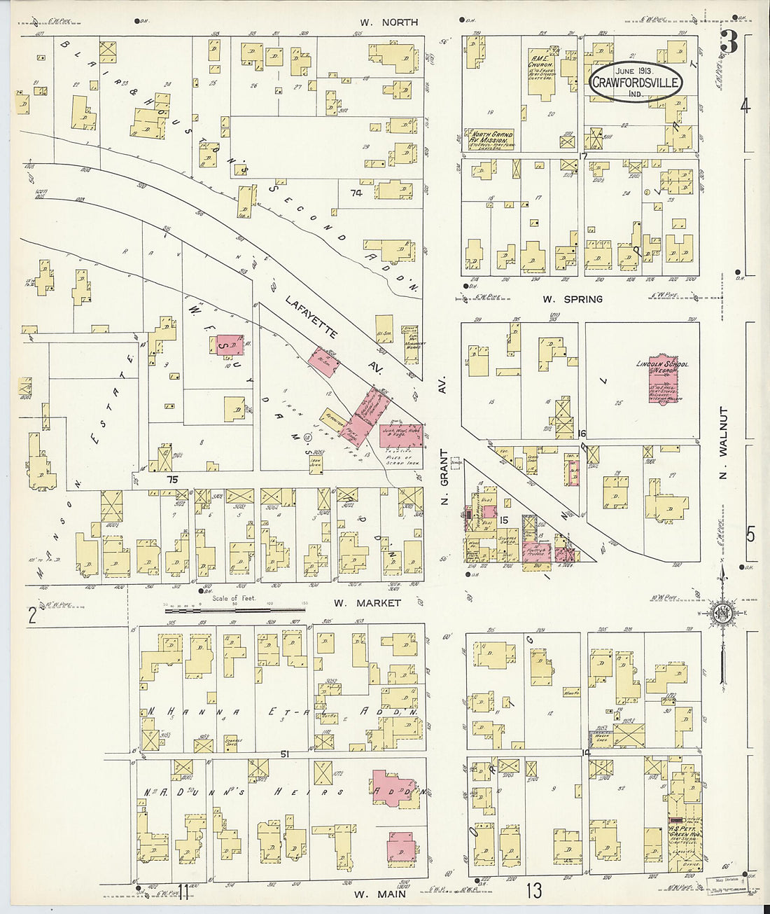 This old map of Crawfordsville, Montgomery County, Indiana was created by Sanborn Map Company in 1913