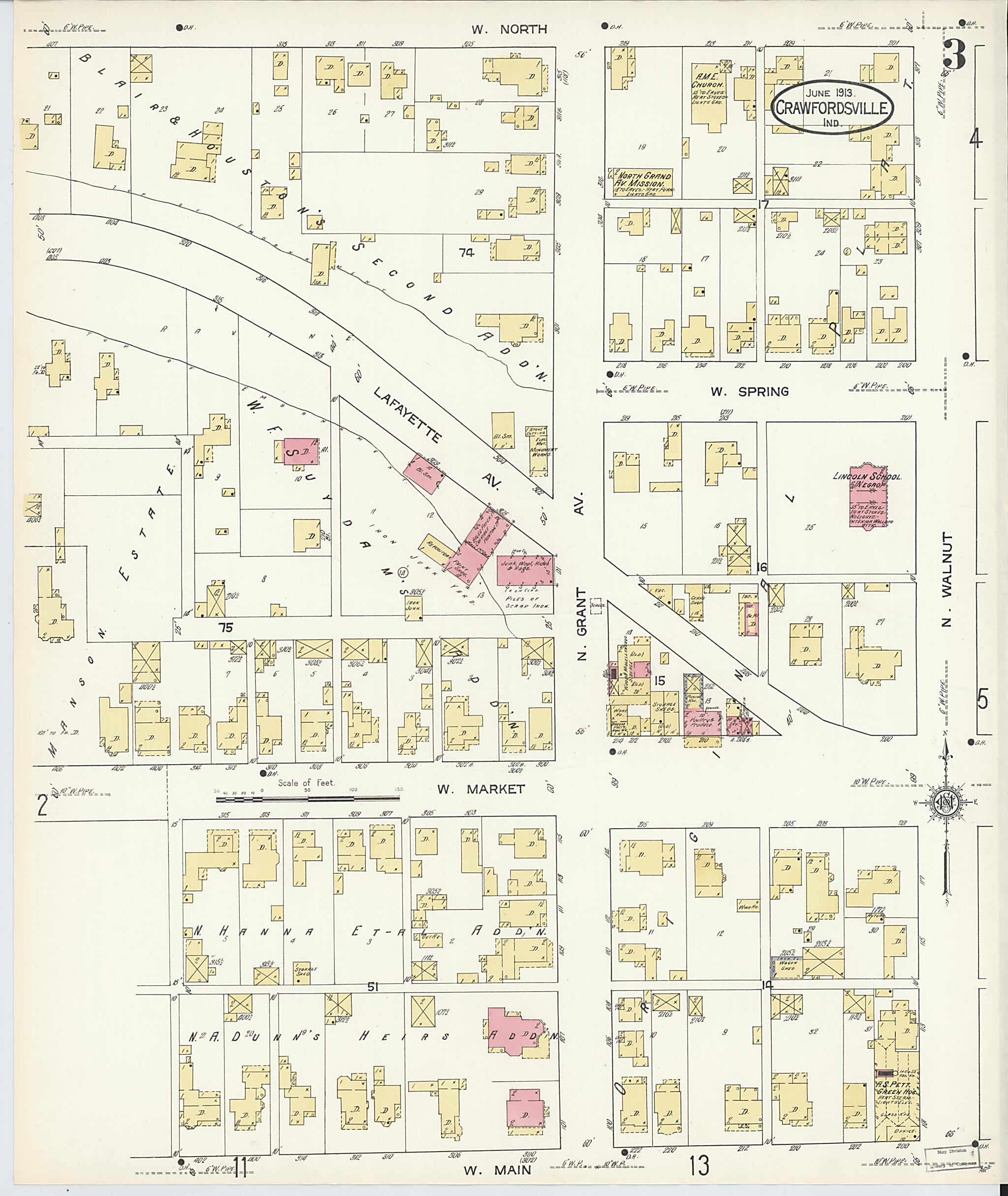 This old map of Crawfordsville, Montgomery County, Indiana was created by Sanborn Map Company in 1913