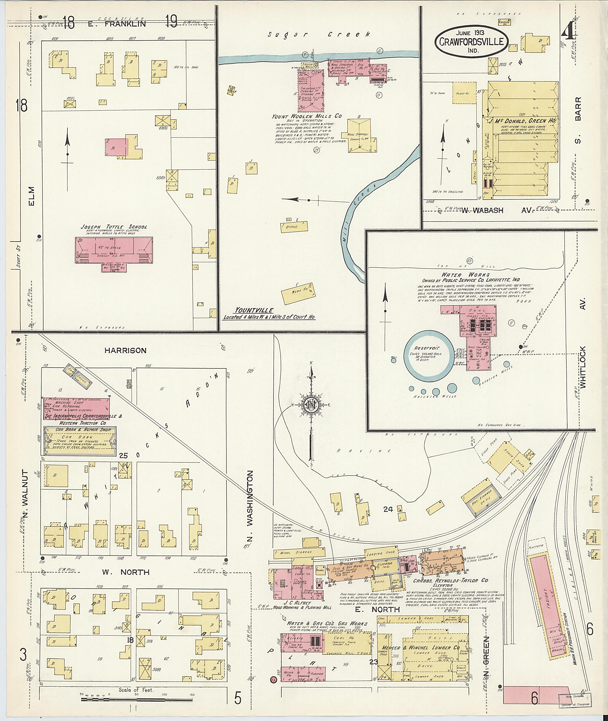 This old map of Crawfordsville, Montgomery County, Indiana was created by Sanborn Map Company in 1913