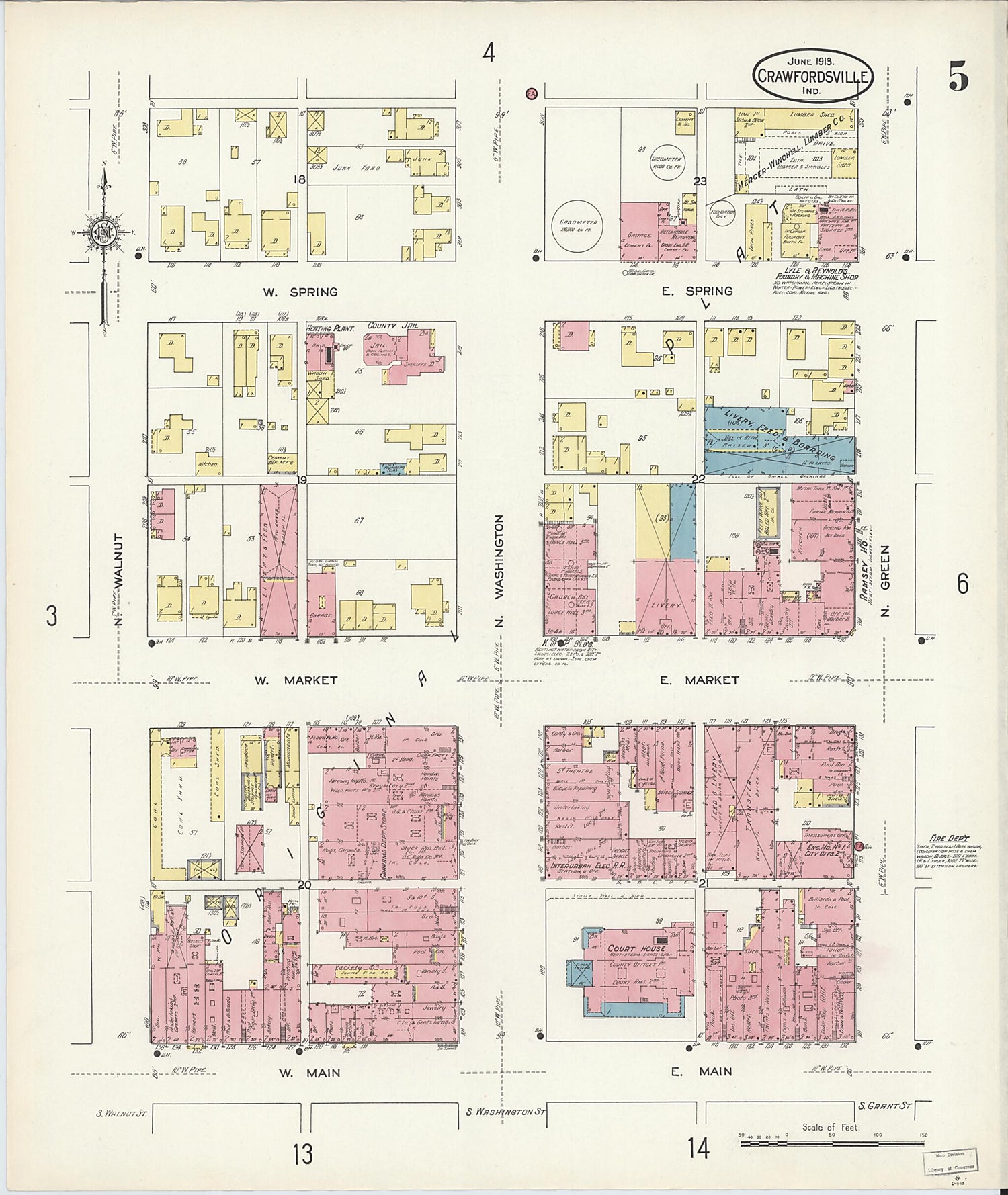 This old map of Crawfordsville, Montgomery County, Indiana was created by Sanborn Map Company in 1913