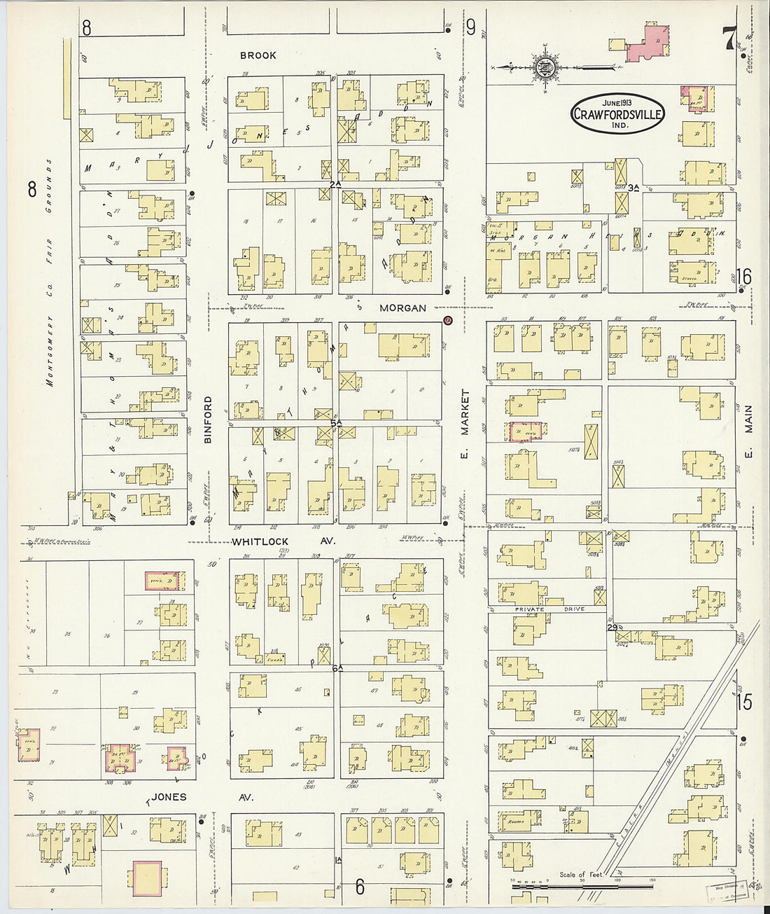 This old map of Crawfordsville, Montgomery County, Indiana was created by Sanborn Map Company in 1913