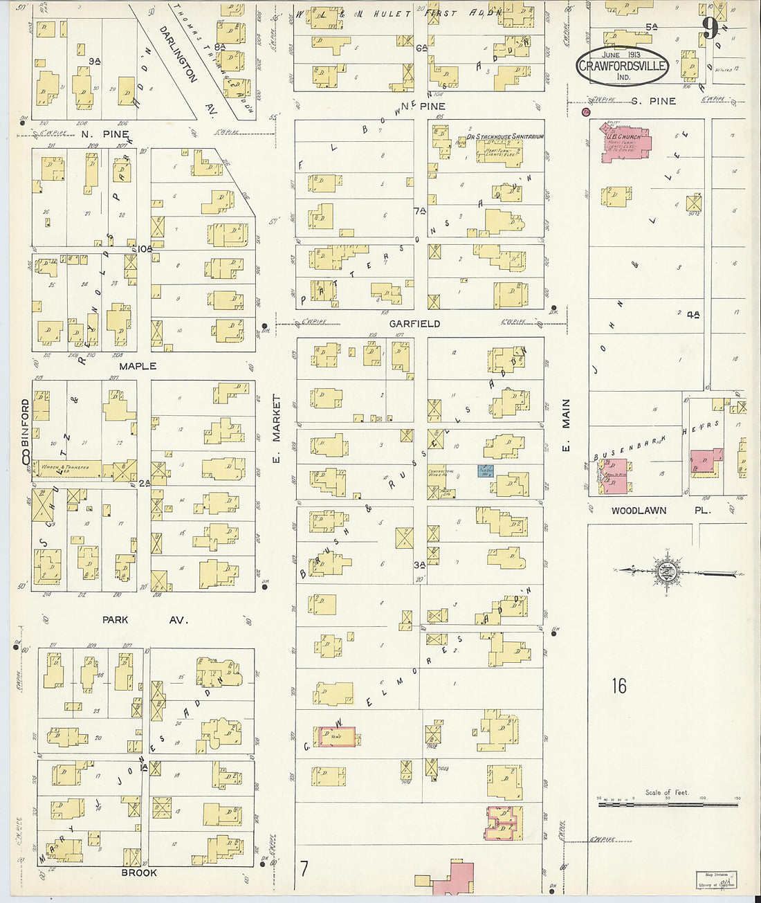 This old map of Crawfordsville, Montgomery County, Indiana was created by Sanborn Map Company in 1913