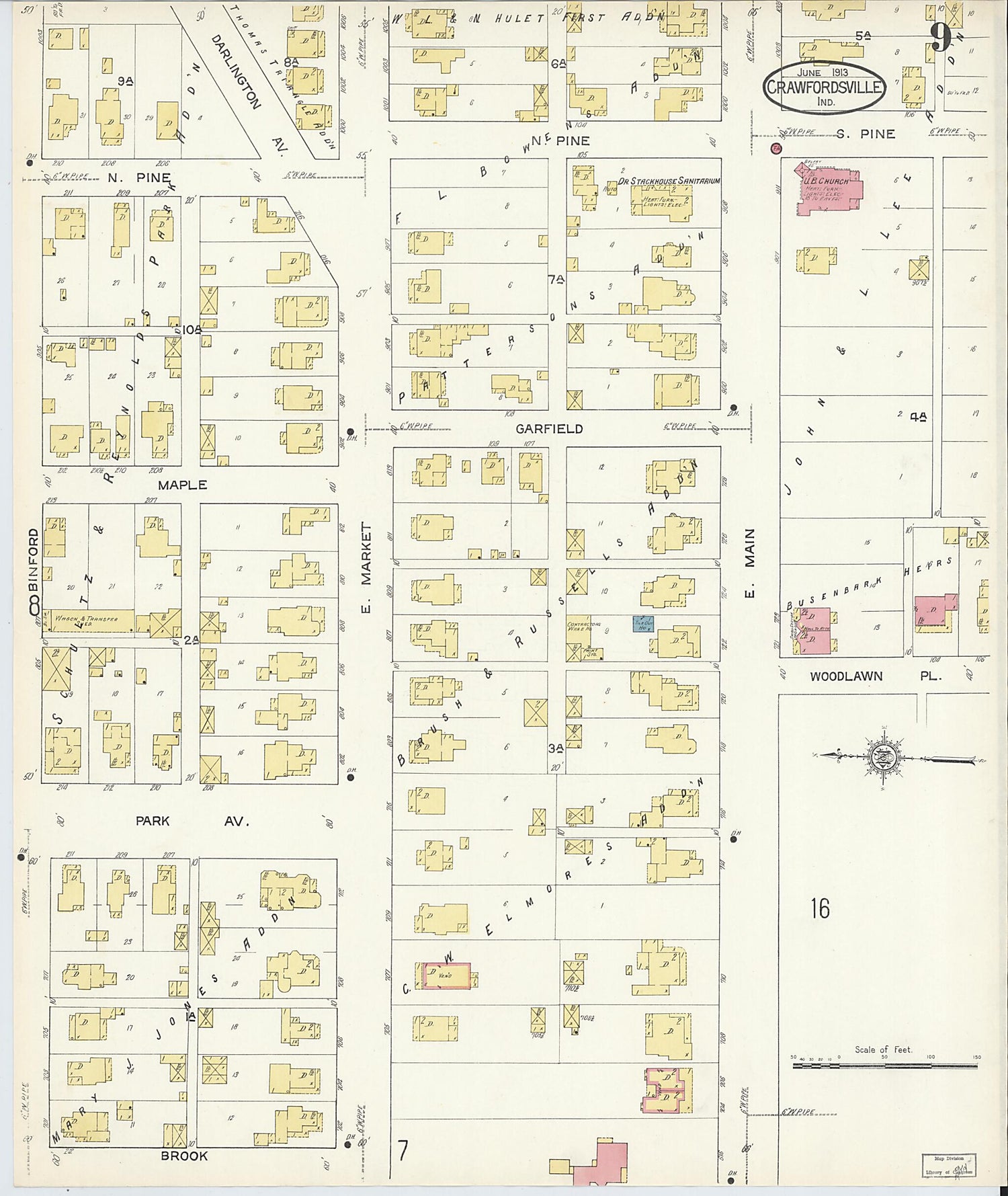 This old map of Crawfordsville, Montgomery County, Indiana was created by Sanborn Map Company in 1913