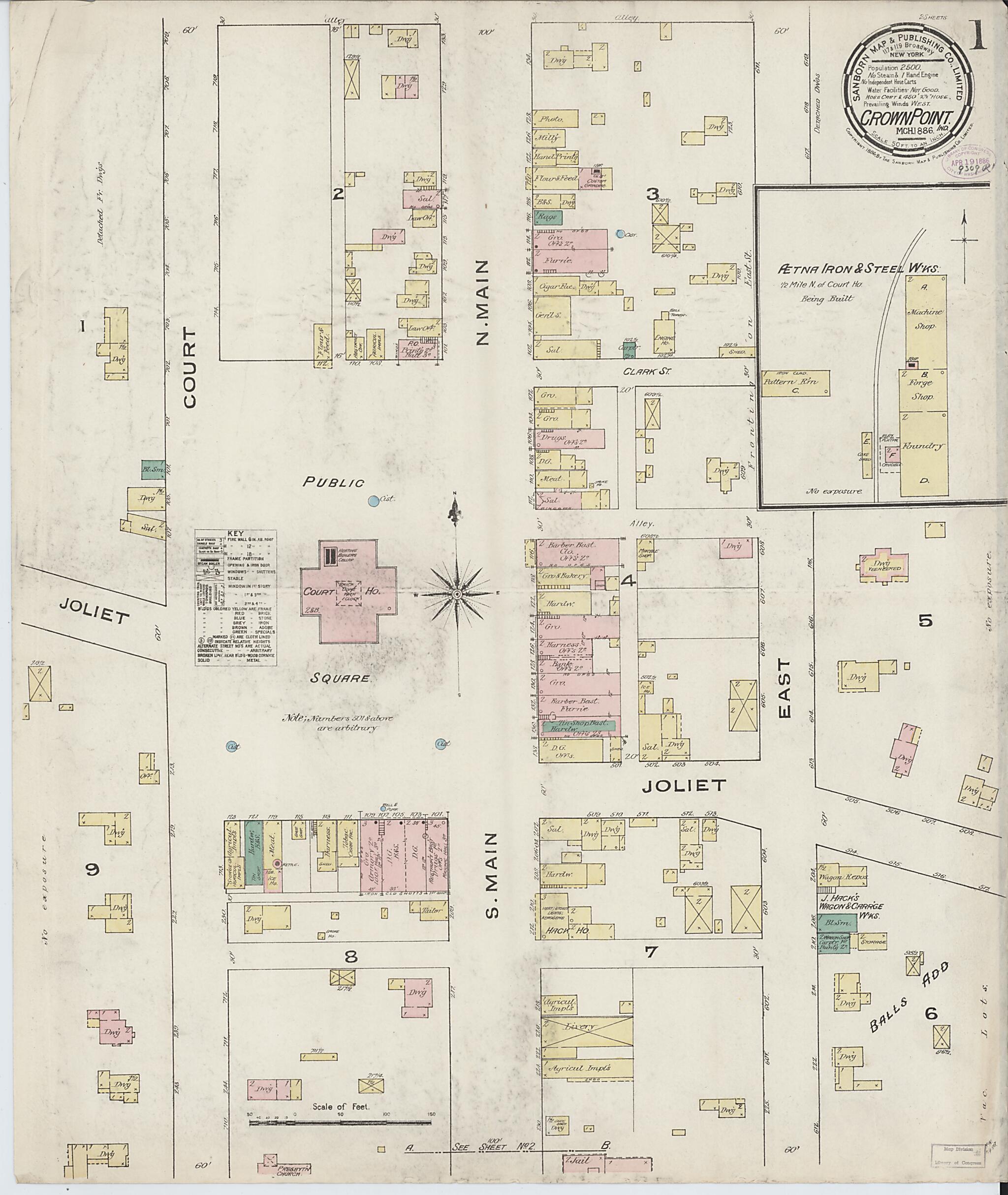 This old map of Crown Point, Lake County, Indiana was created by Sanborn Map Company in 1886