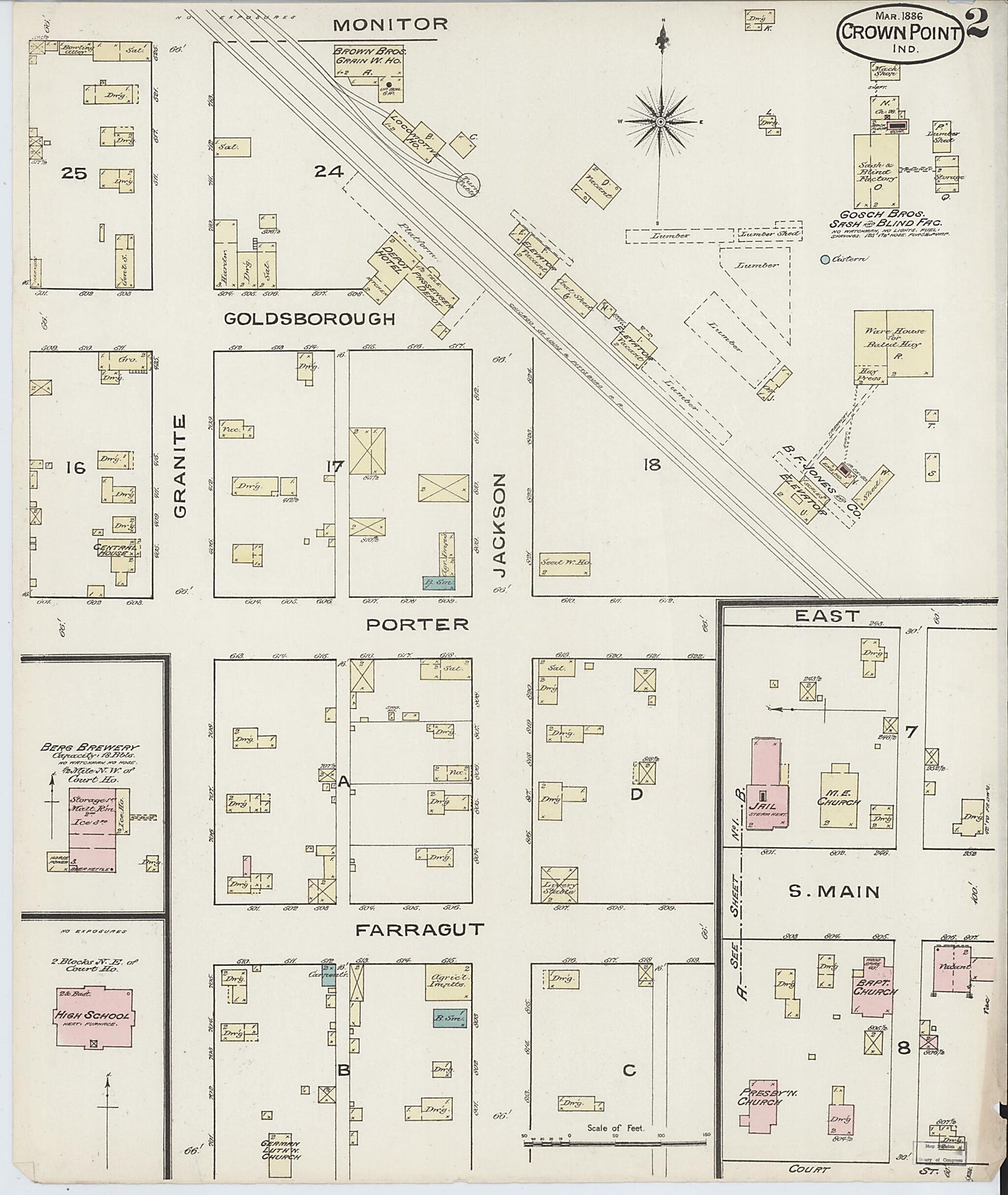 This old map of Crown Point, Lake County, Indiana was created by Sanborn Map Company in 1886