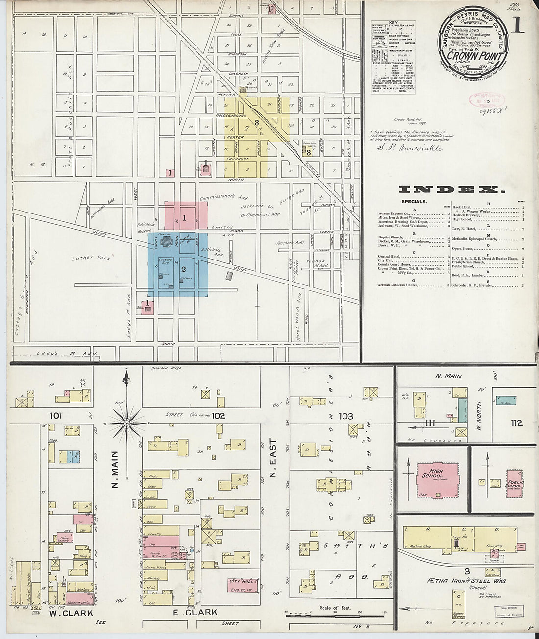 This old map of Crown Point, Lake County, Indiana was created by Sanborn Map Company in 1892